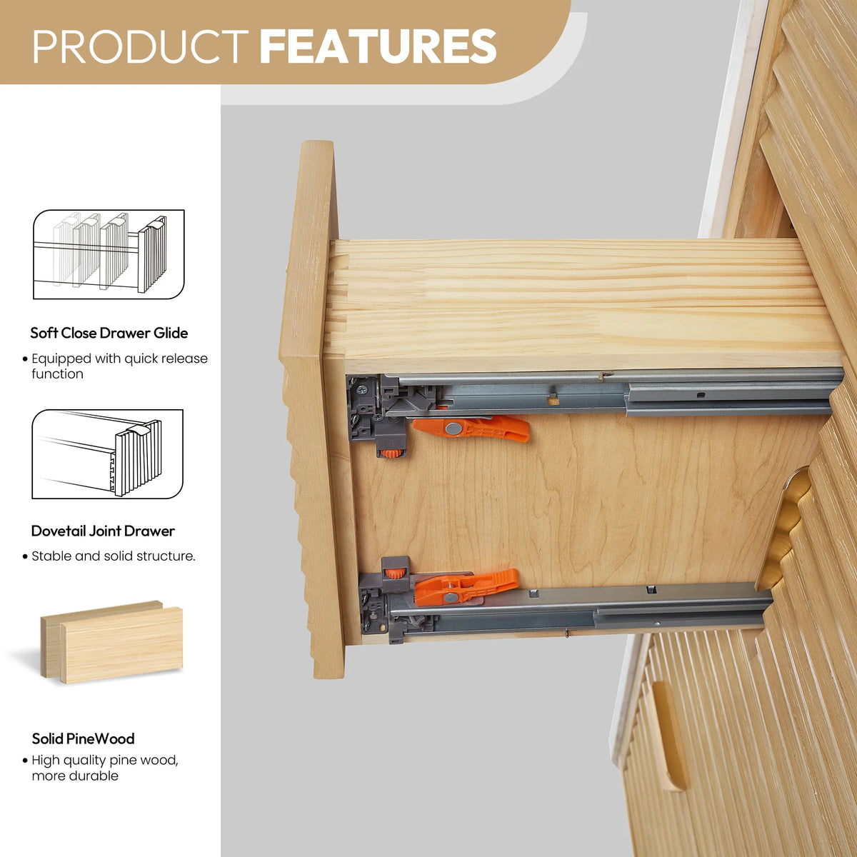 Features callout: soft-close drawer glide, dovetail joint drawer and wood construction