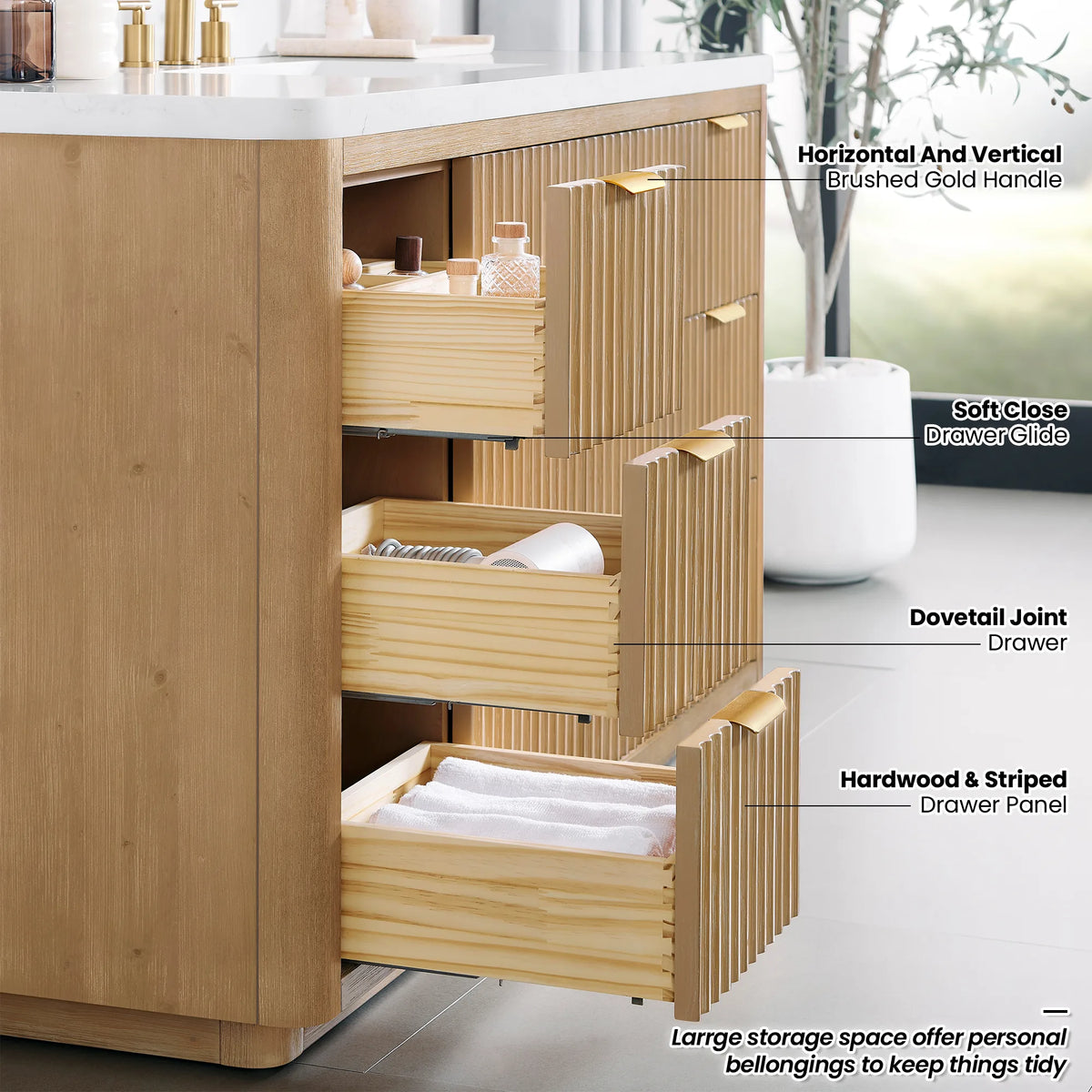 Labeled drawer detail: Brushed Gold handle, soft-close drawer glide and dovetail joint drawers