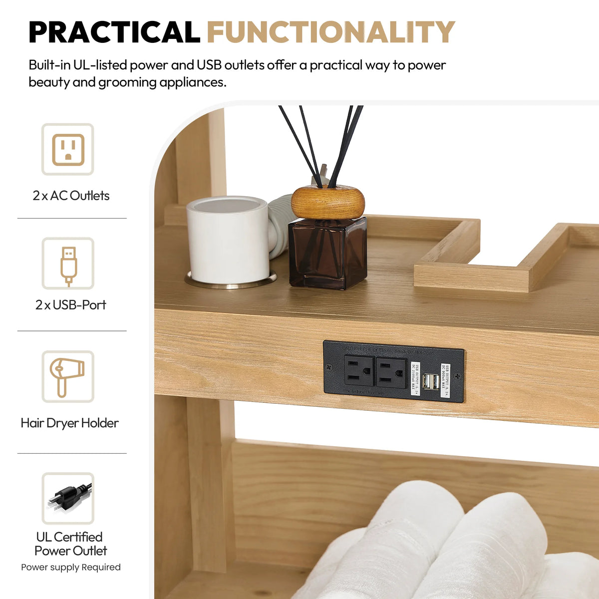 Practical functionality callout: AC outlets, USB ports, hair dryer holder and power outlet