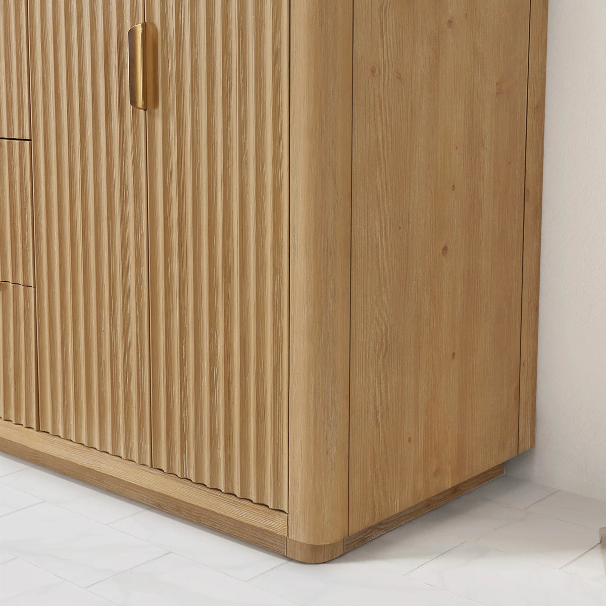 Side and base corner of the cabinet showing the vertical textured Washed Ash Grey wood