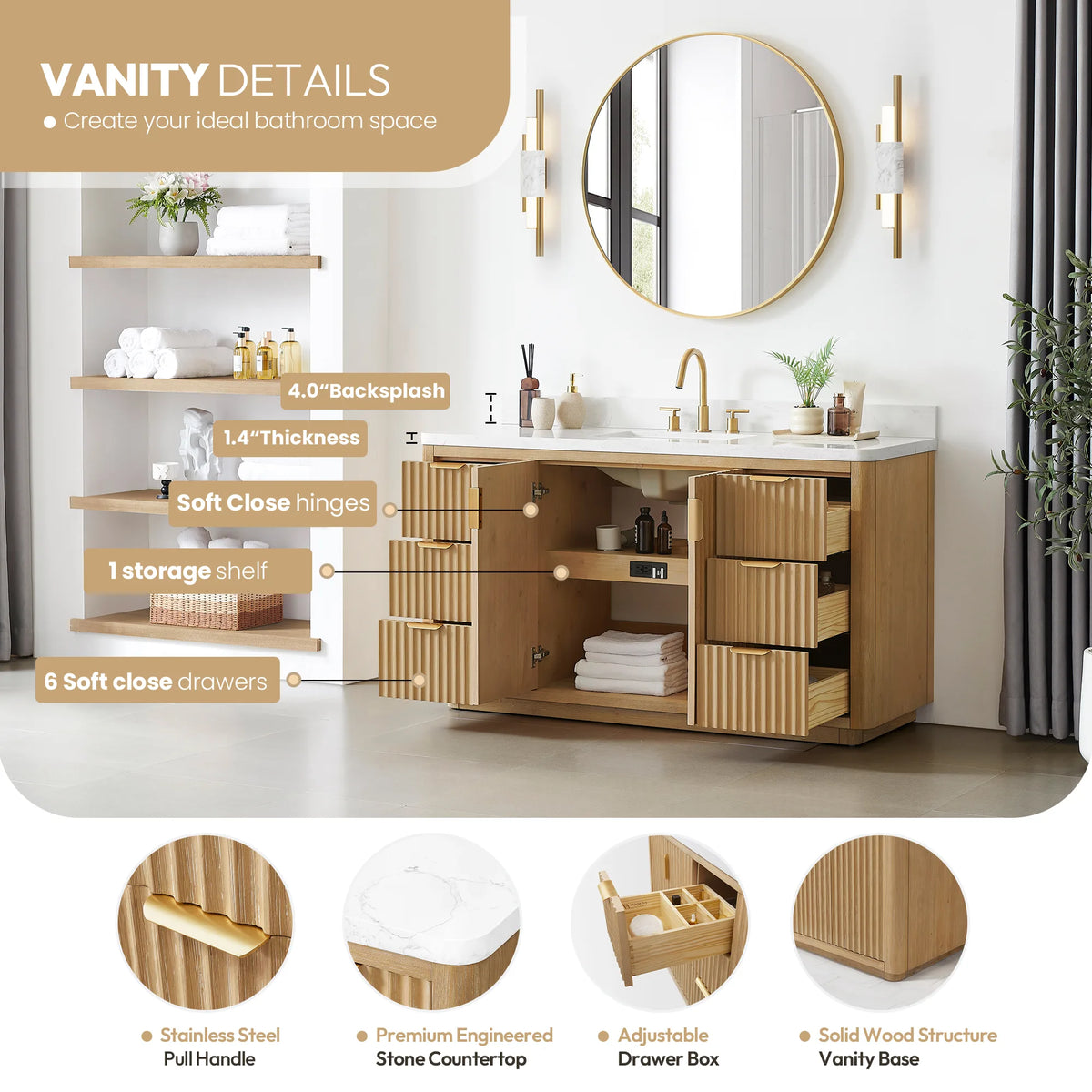 Vanity details panel: Brushed Gold handle, engineered stone top, drawer box and wood base