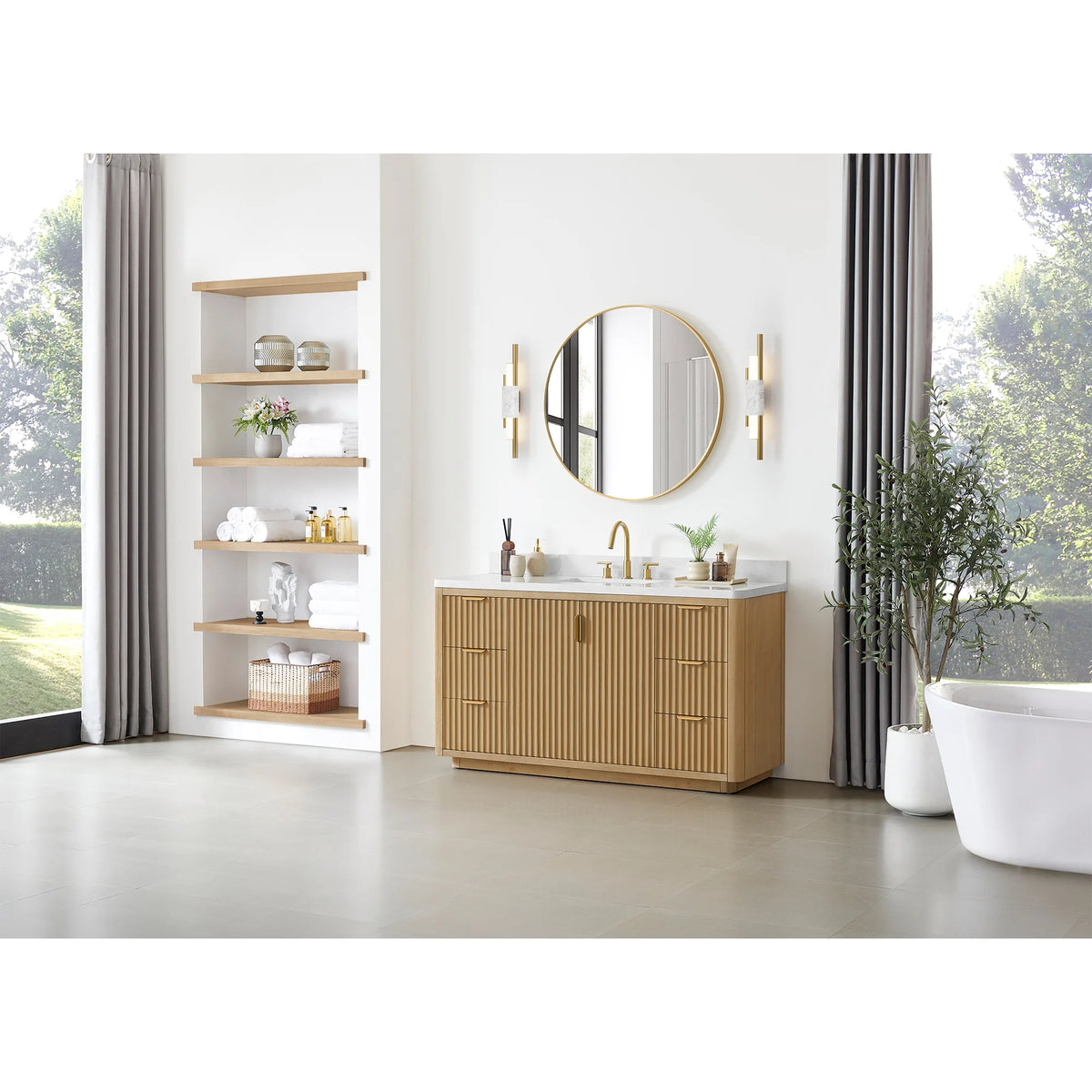Spacious bathroom with the 60 inch Washed Ash Grey vanity, tall shelving and a tub nearby