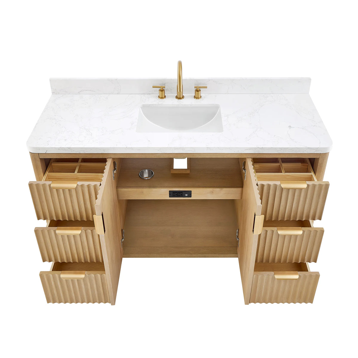 Fully opened 60 inch vanity on white, a displayed faucet standing on the Lightning White top
