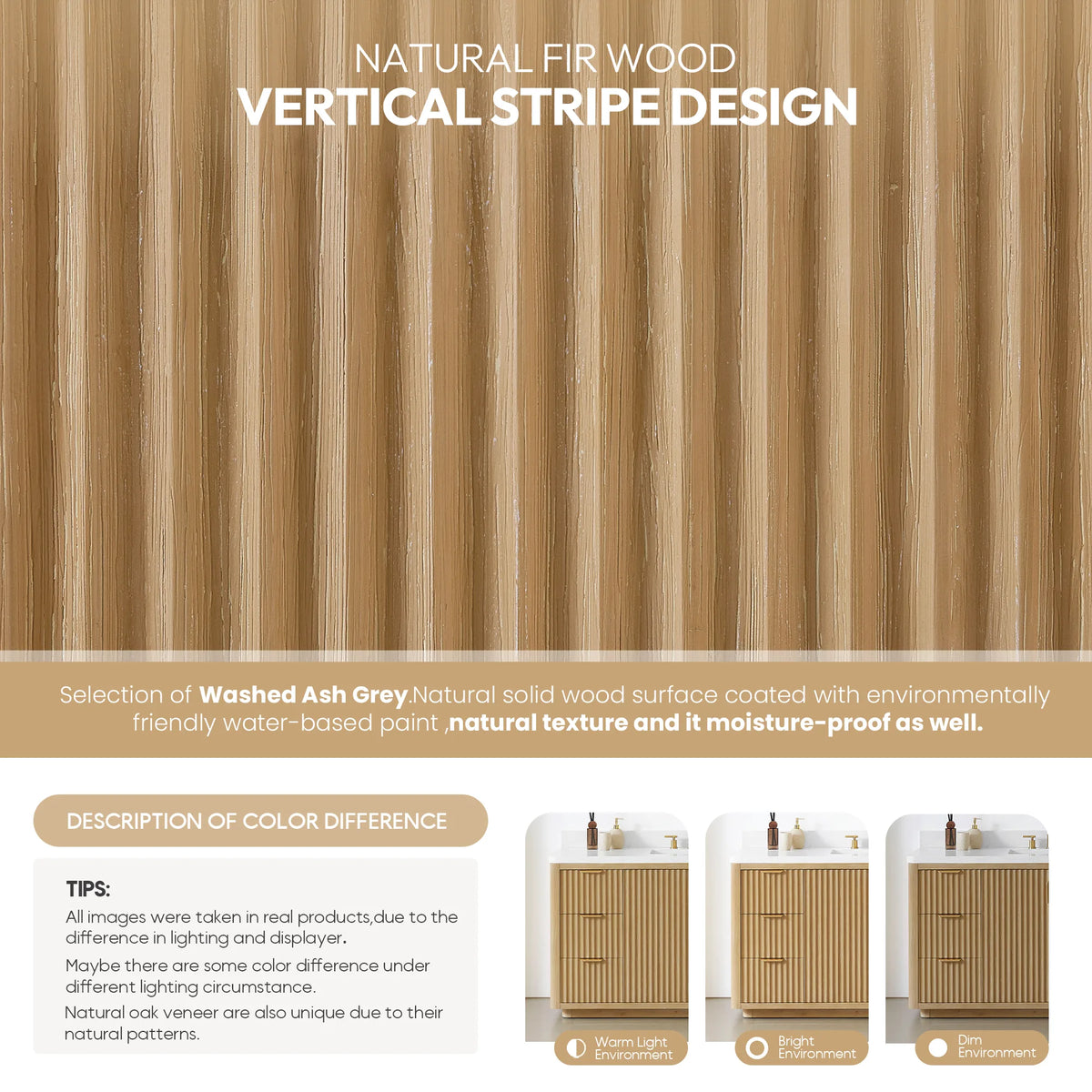 Vertical stripe design panel with color difference samples for Washed Ash Grey in warm, bright and dim light