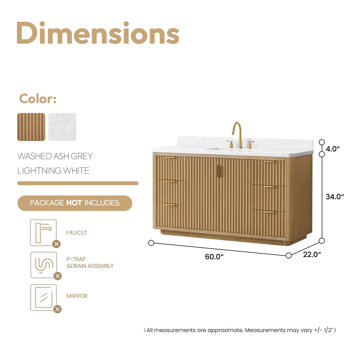 Size diagram for the 60 inch single vanity, 60 inch width, 22 inch depth, 34 inch height