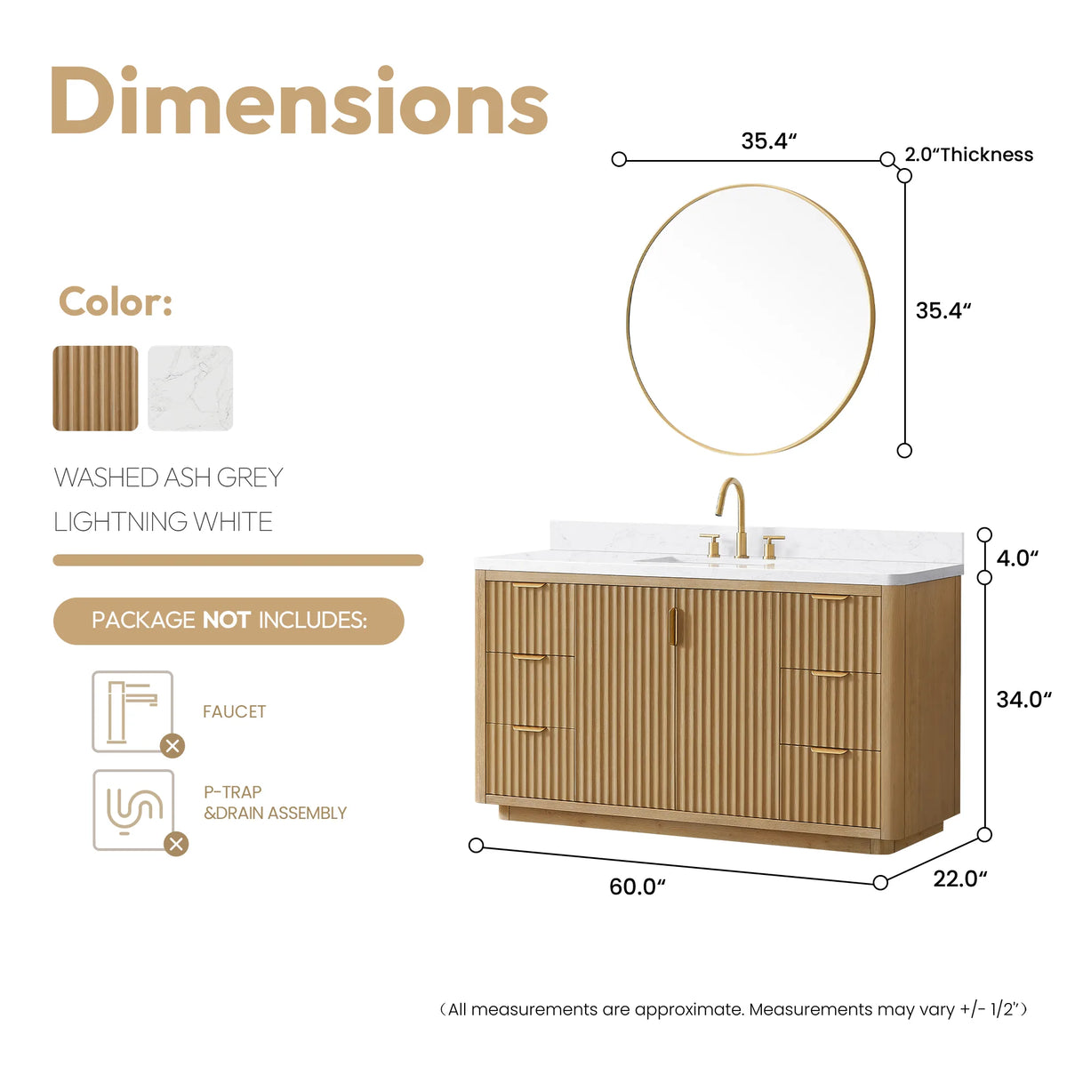 Layout of the circular mirror over the 60 inch vanity, vanity measuring 60 by 22 by 34 inches