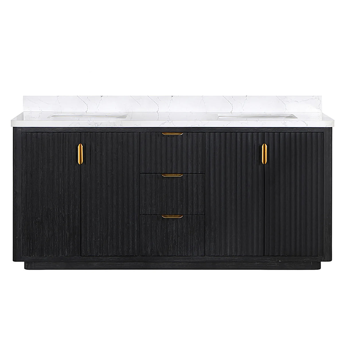 Fir Wood Black 72 inch freestanding double bathroom vanity with backsplash composite top, fluted doors and center drawers