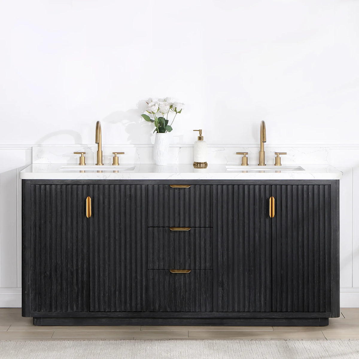 Freestanding 72 inch double vanity in a bright bathroom, widespread faucets, a soap dispenser and white flowers
