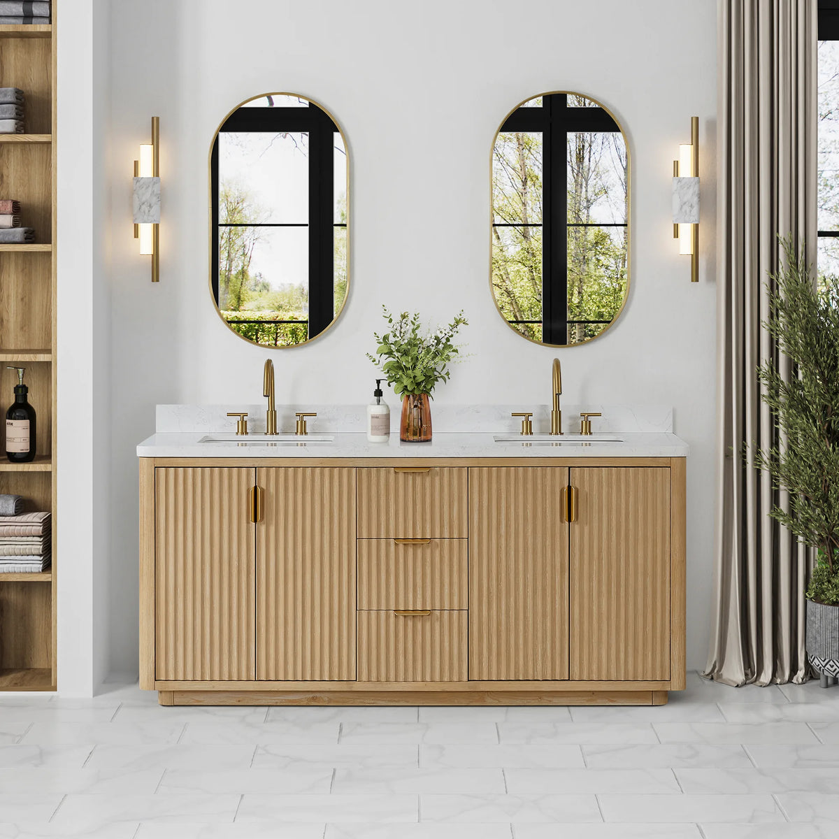 72 inch wood double vanity in a bright bathroom with oval mirrors, wall lights and a shelf unit