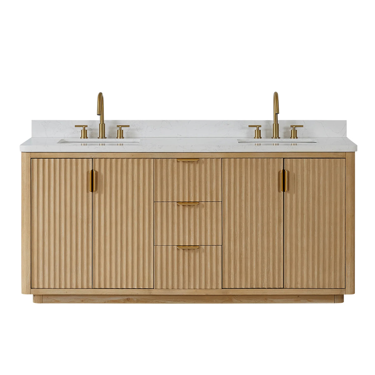 Studio front view of the 72 inch vanity with displayed faucets on the Lightning White top