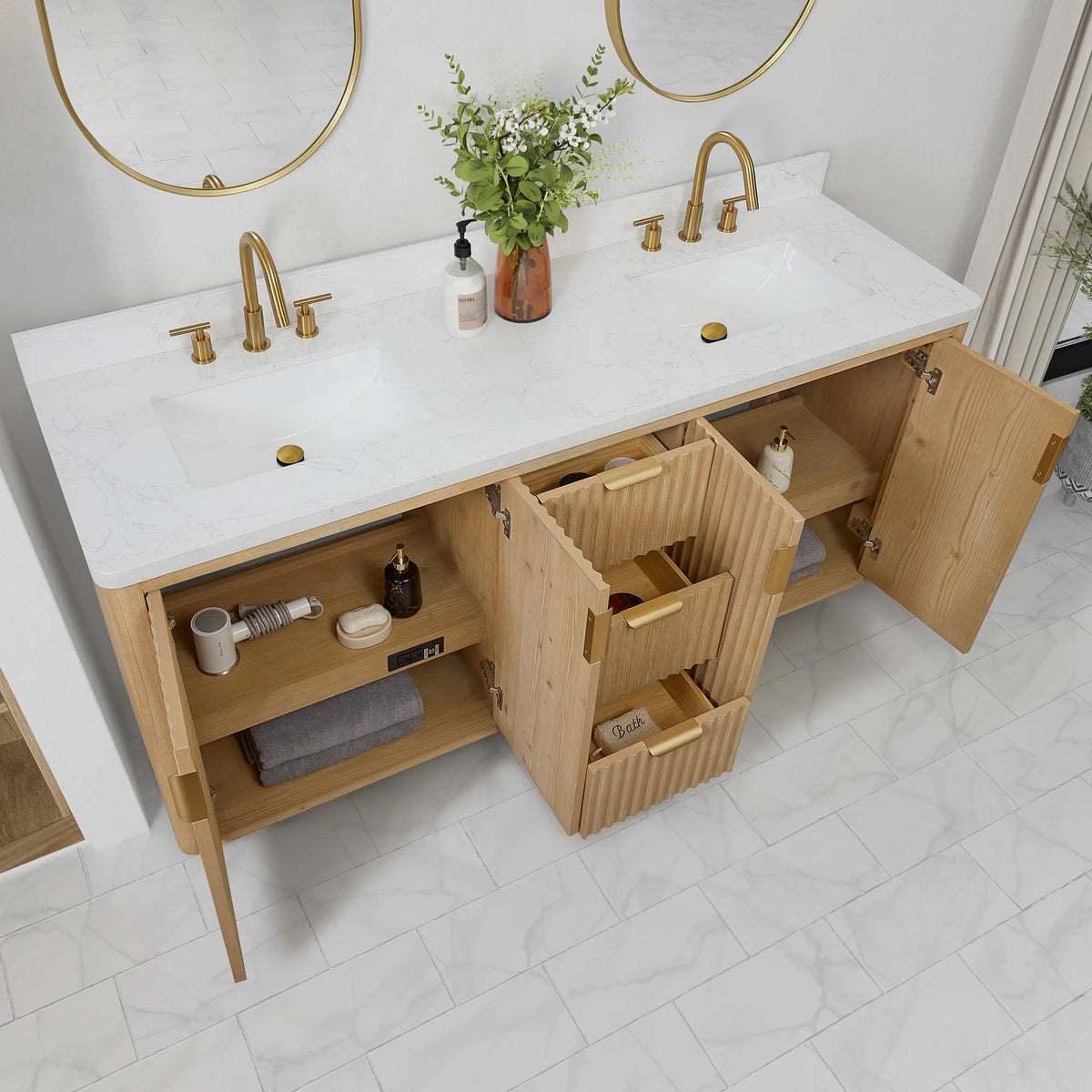Open doors and a pulled-out drawer on the 72 inch vanity, showing the interior storage