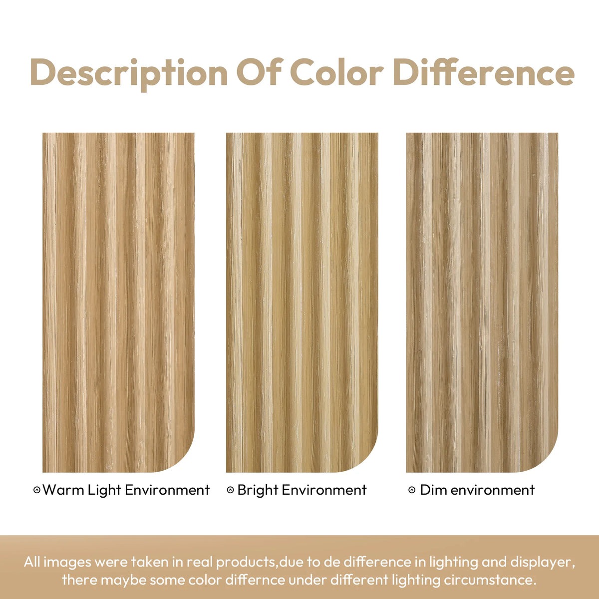 Finish color difference panels for Washed Ash Grey under warm light, bright light and dim light on the 72 inch double