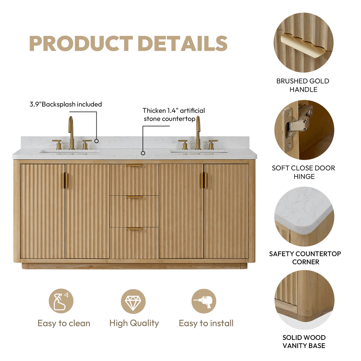 Product details sheet: backsplash, stone top, Brushed Gold handle, safety corner and wood base, 72 inch double vanity