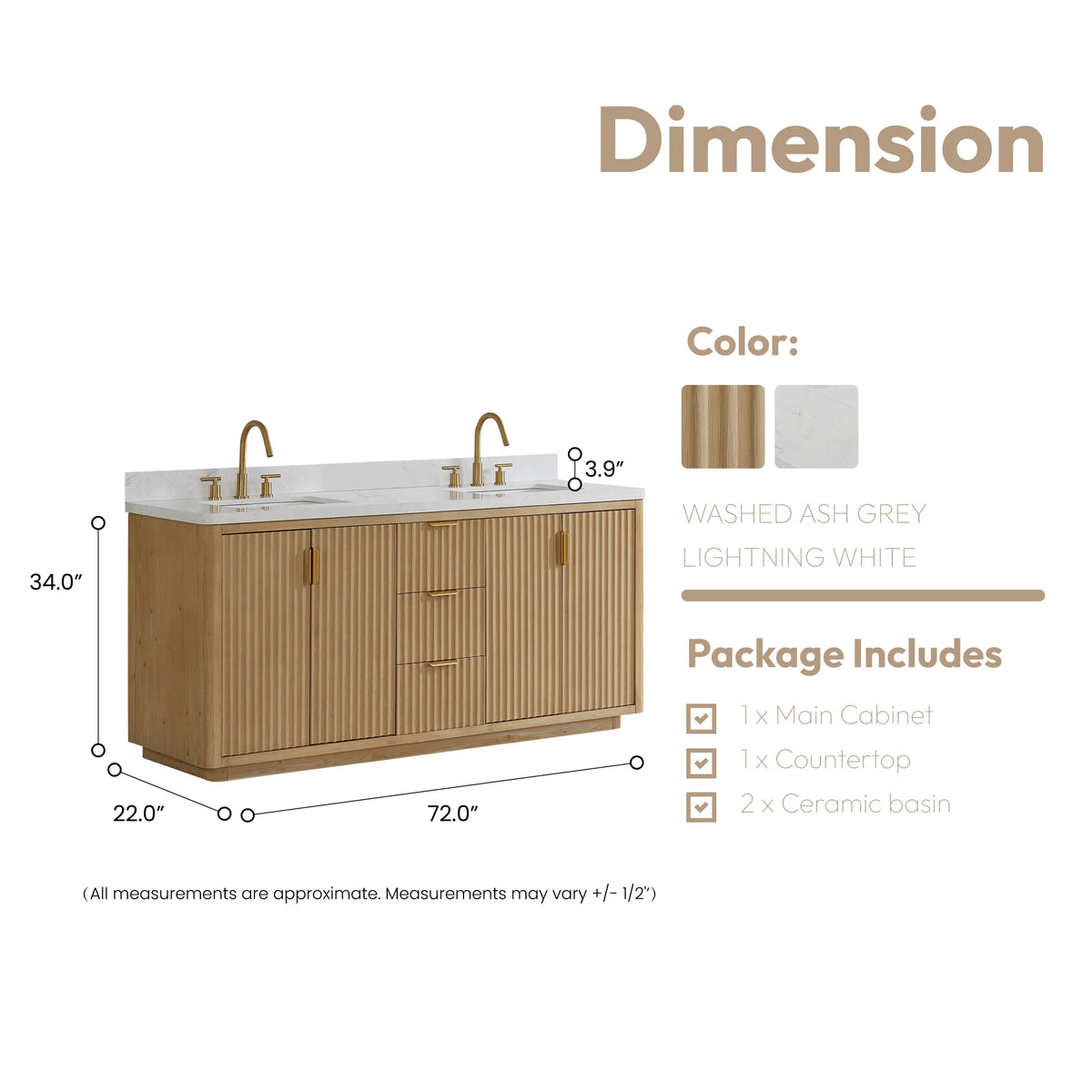 Size diagram for the 72 inch double vanity, 72 inch width, 22 inch depth, 34 inch height