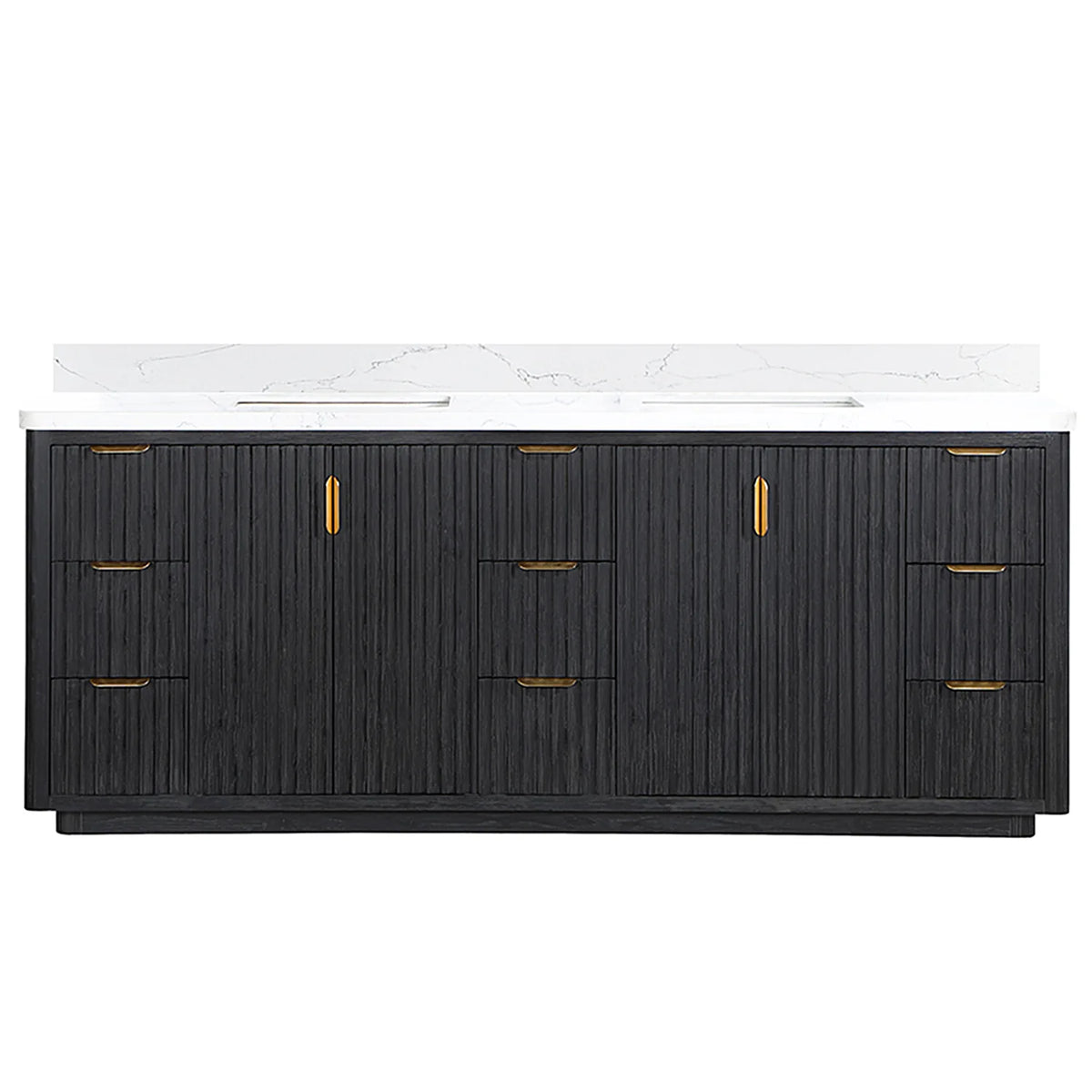 Fir Wood Black 84 inch freestanding double bathroom vanity, backsplash composite top, fluted doors with drawers on each side