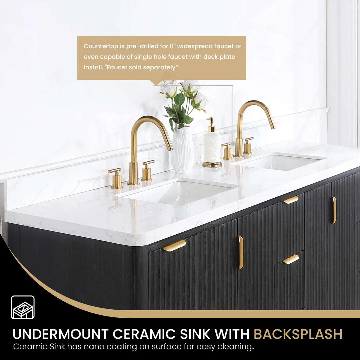 Detail: white ceramic undermount sink with backsplash on the composite top