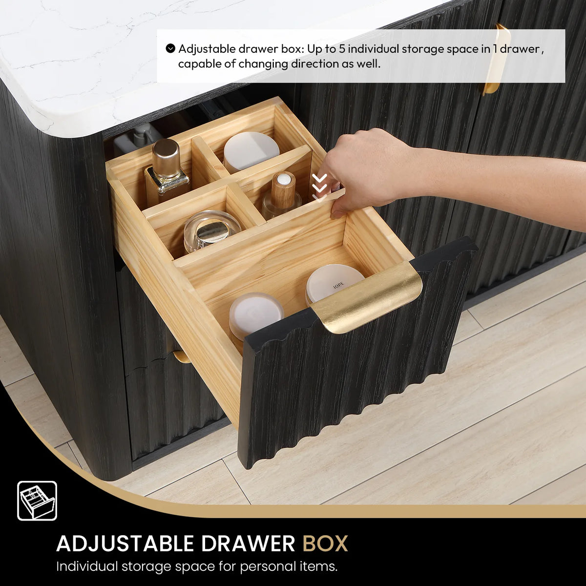 Adjustable drawer box detail on the Fir Wood Black double vanity: movable dividers split one drawer into separate spaces