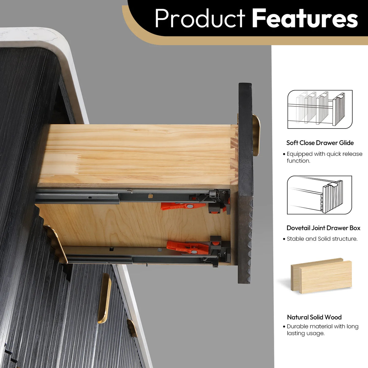 Drawer features callout on the 84 inch double vanity: quick-release soft-close glide, dovetail joint box, wood
