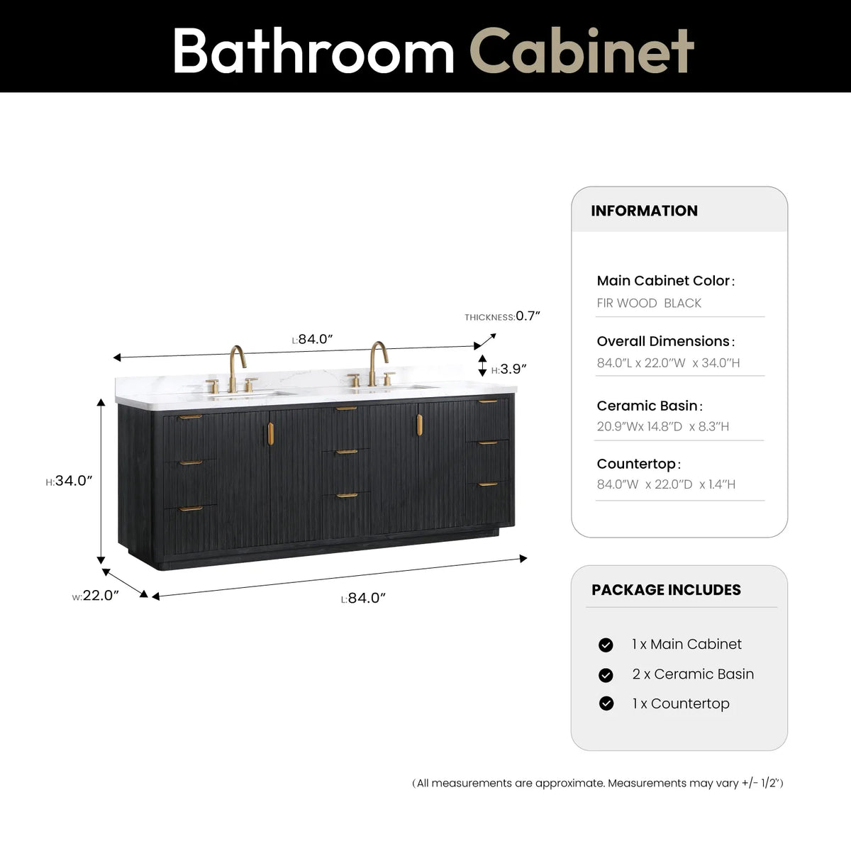 Size drawing of the vanity, 84 in. wide by 22 in. deep by 34 in. high, with top and basin notes