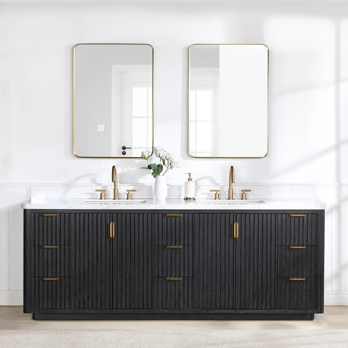 Room scene: 84 inch double vanity below two rectangular wall mirrors on a pale floor