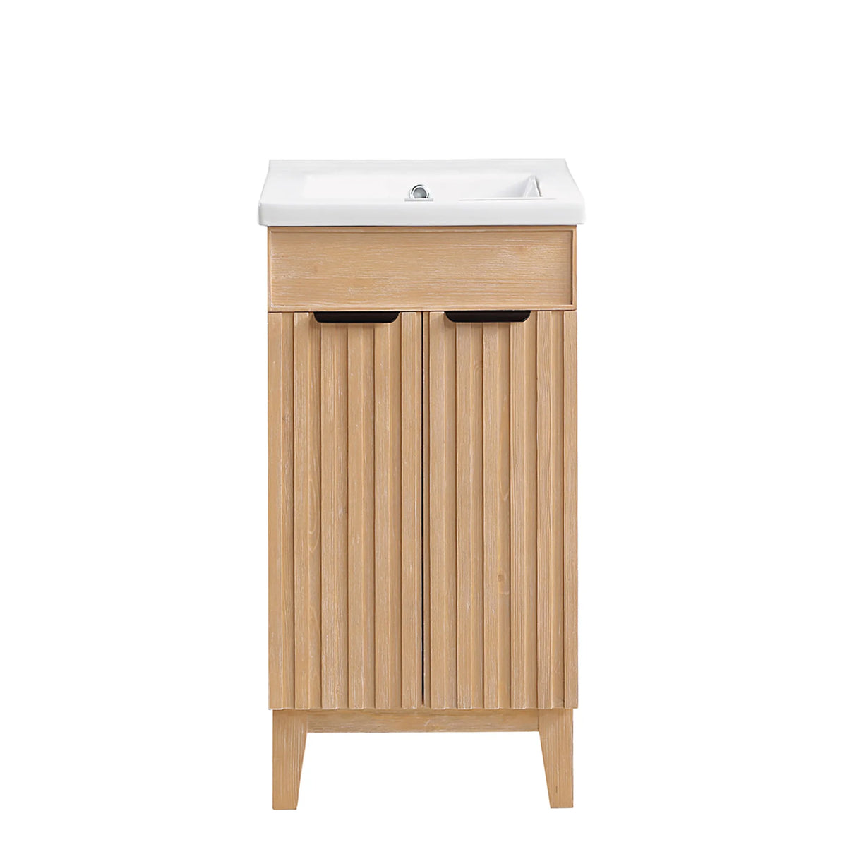 18-inch Fir Wood Brown single bathroom vanity with white ceramic basin top, studio front view