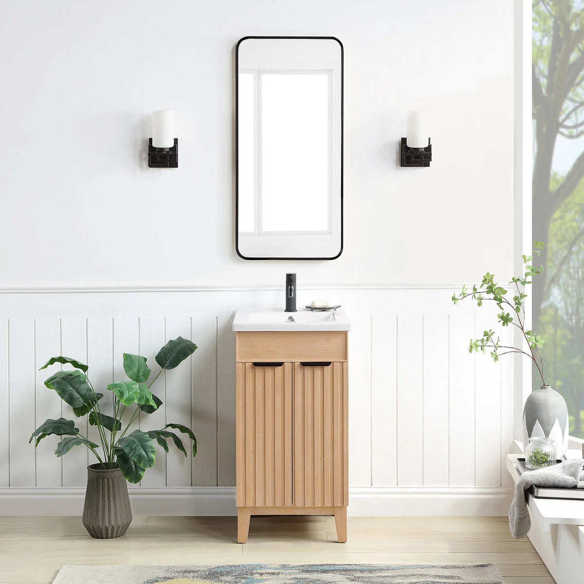 Lifestyle view, Fir Wood Brown vanity with white ceramic basin top; a bath with white paneled walls