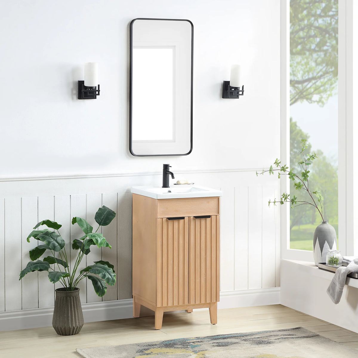 Staged view of the Fir Wood Brown cabinet with a rectangular wall mirror over it