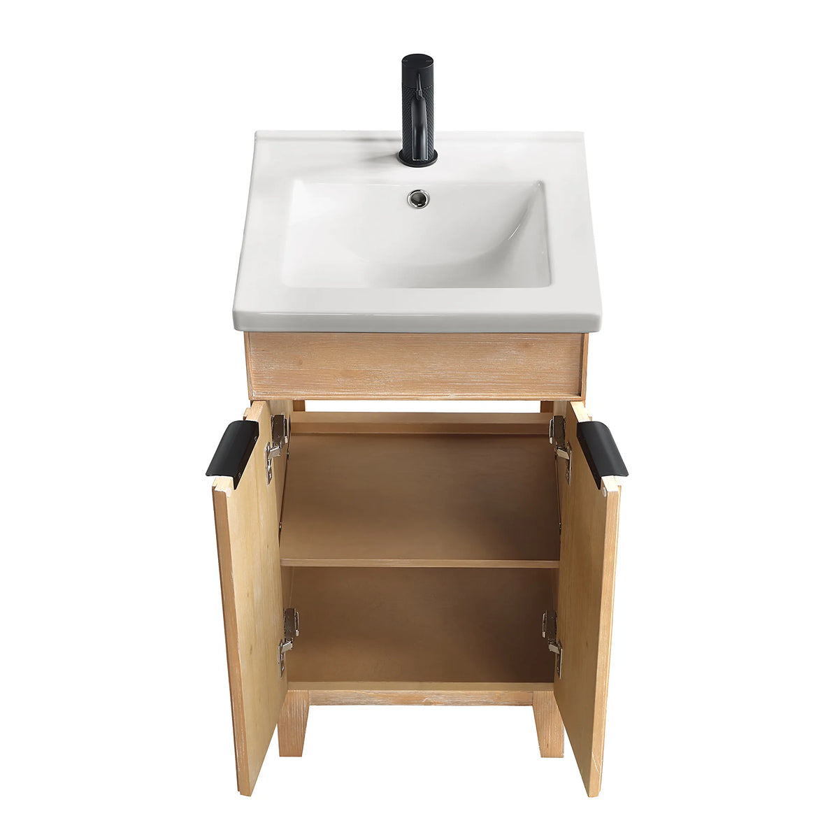 Doors swung open on the 18-inch vanity to show the interior shelf