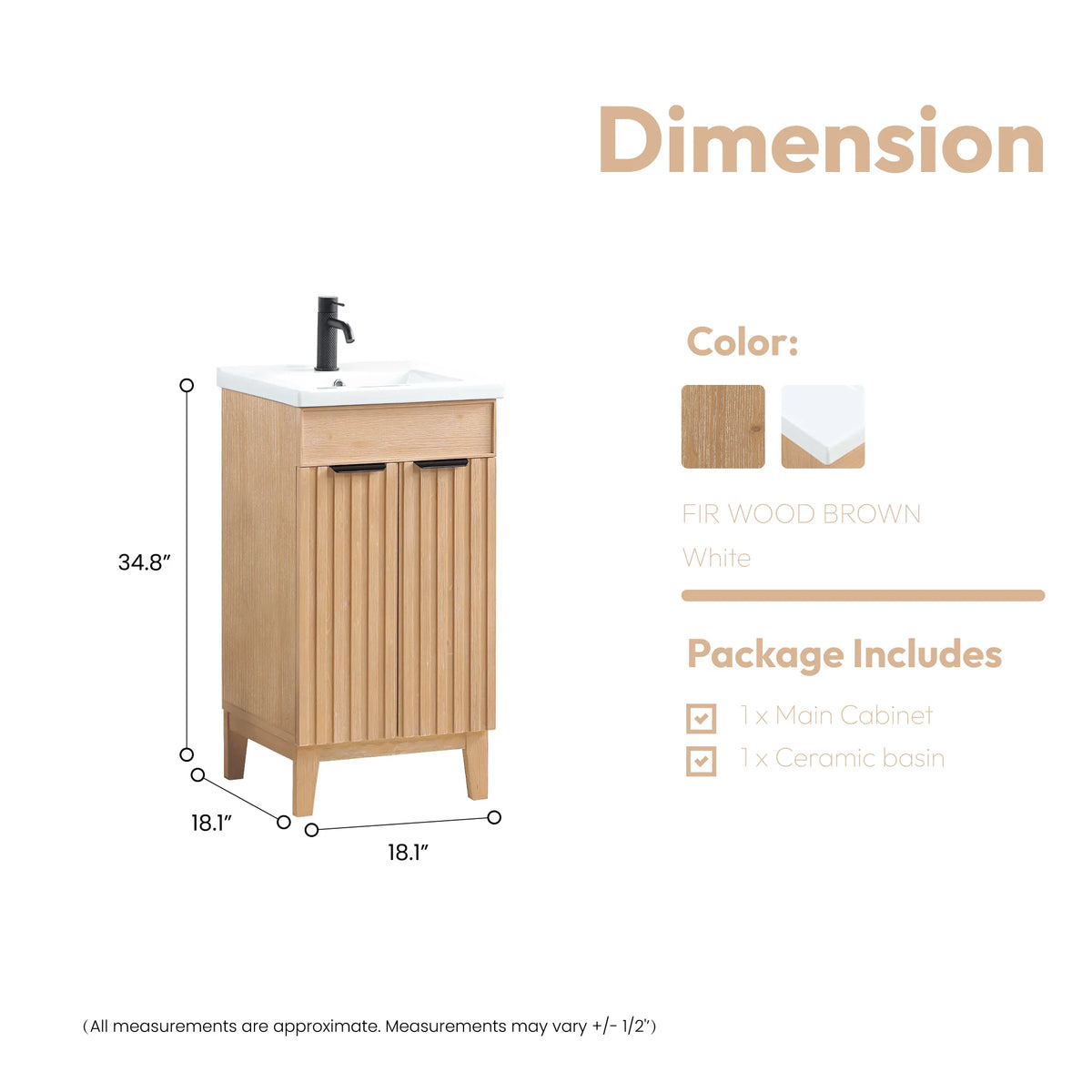 Size diagram for the 18-inch single vanity, 18.1 x 18.1 x 34.8 inches with top
