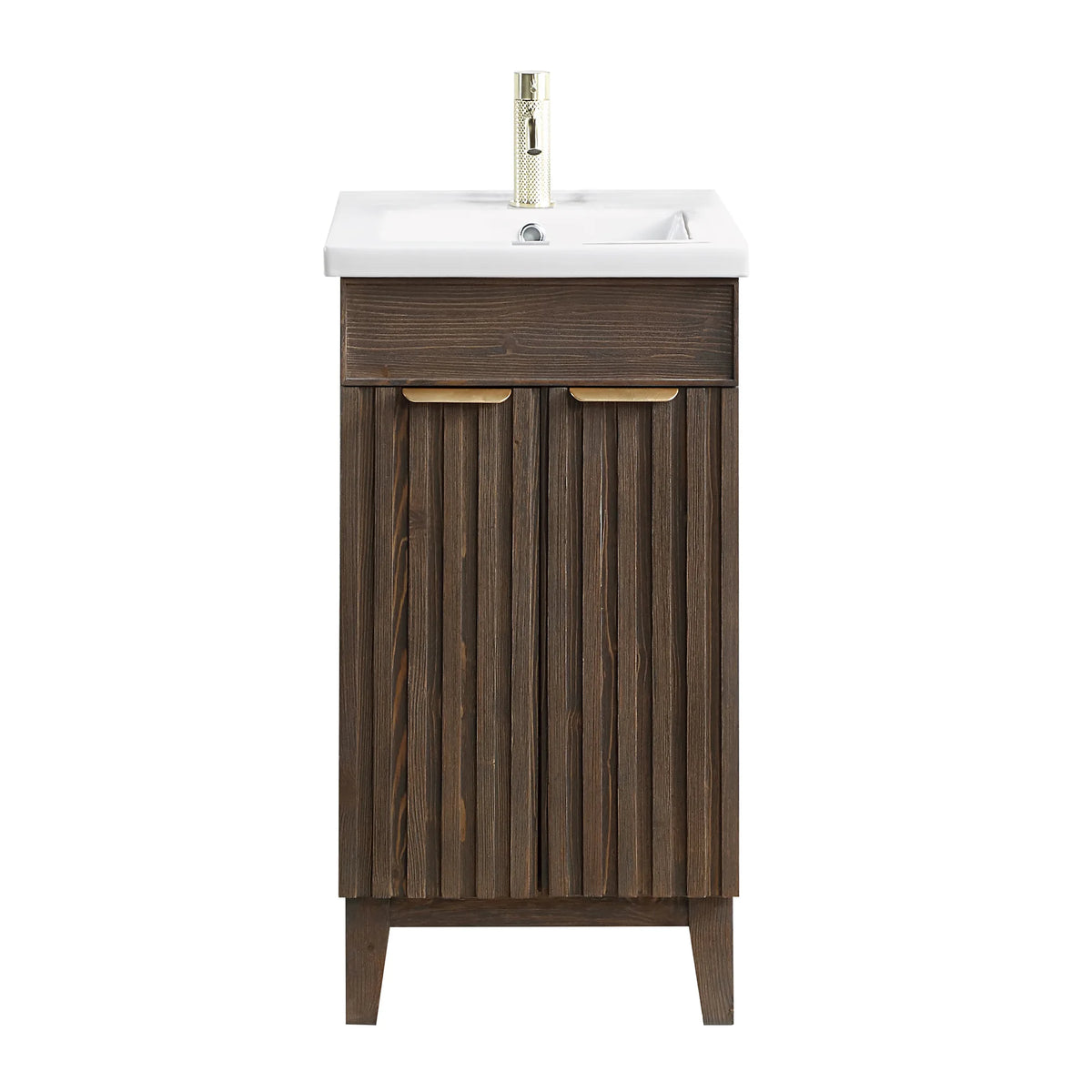 Straight-on view of the vanity with a faucet fitted; faucet not included