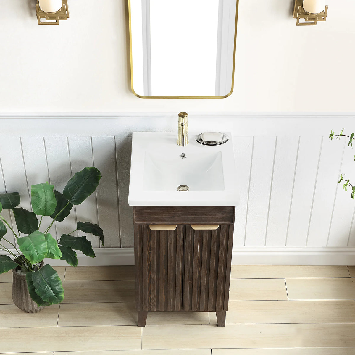 Near view of the Spruce Aged Brown front and white ceramic basin top, a bath with white paneled walls