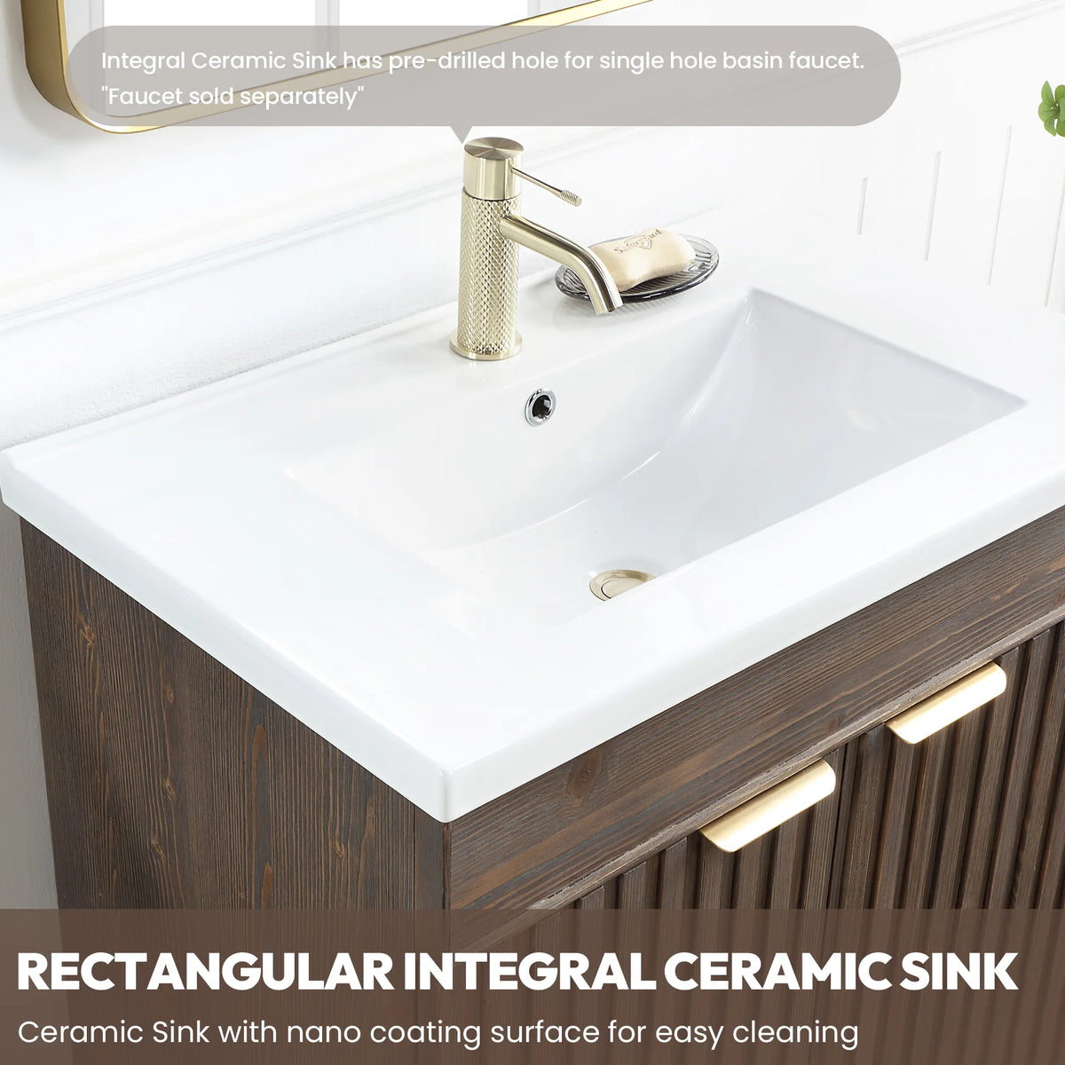 Rectangular ceramic sink and drain shown as a feature close-up; faucet not included