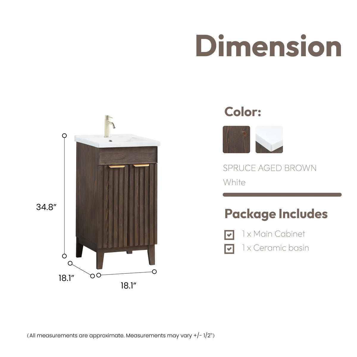Size diagram for the 18-inch single vanity, 18.1 x 18.1 x 34.8 inches with top