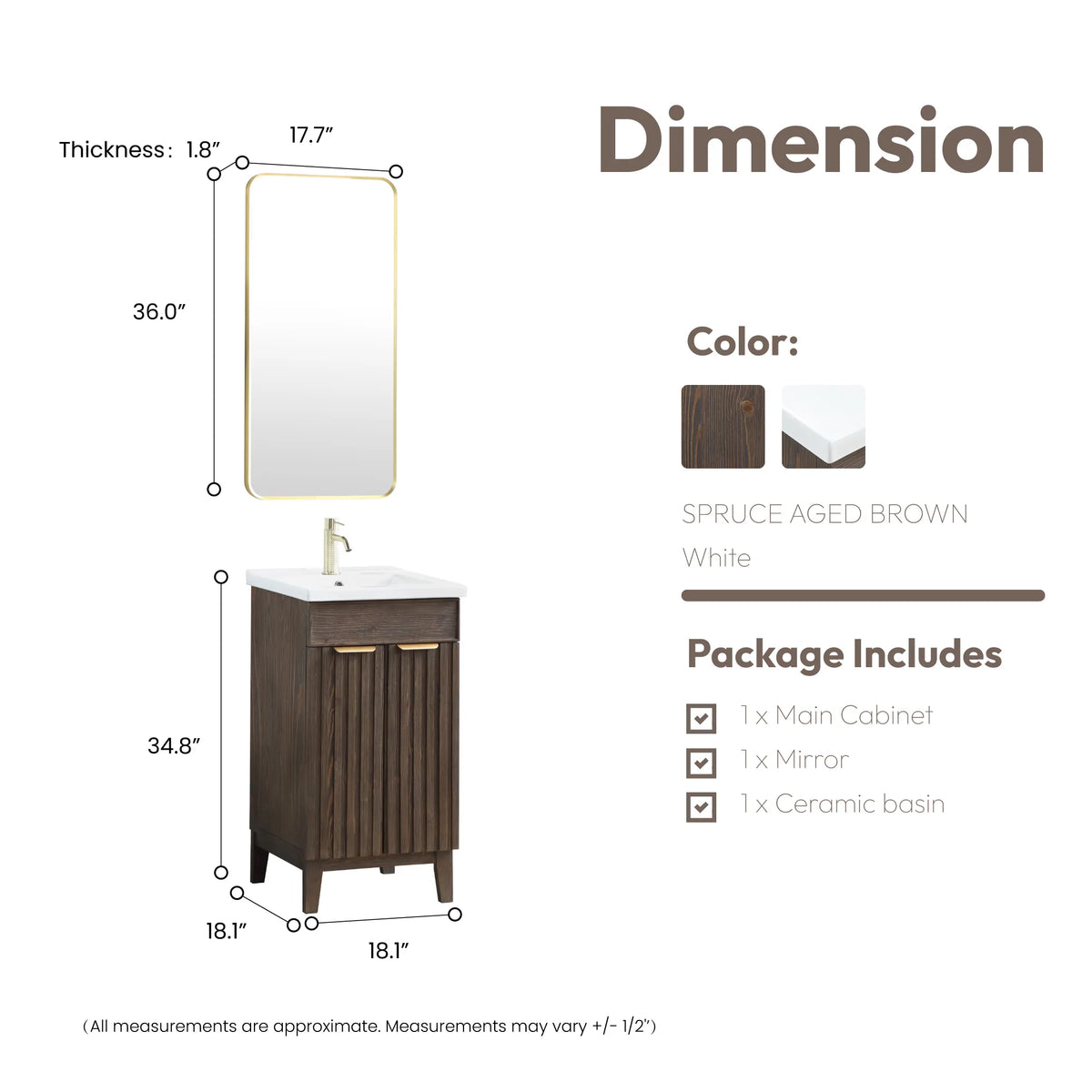 Size diagram of the 18-inch single vanity and its rectangular wall mirror