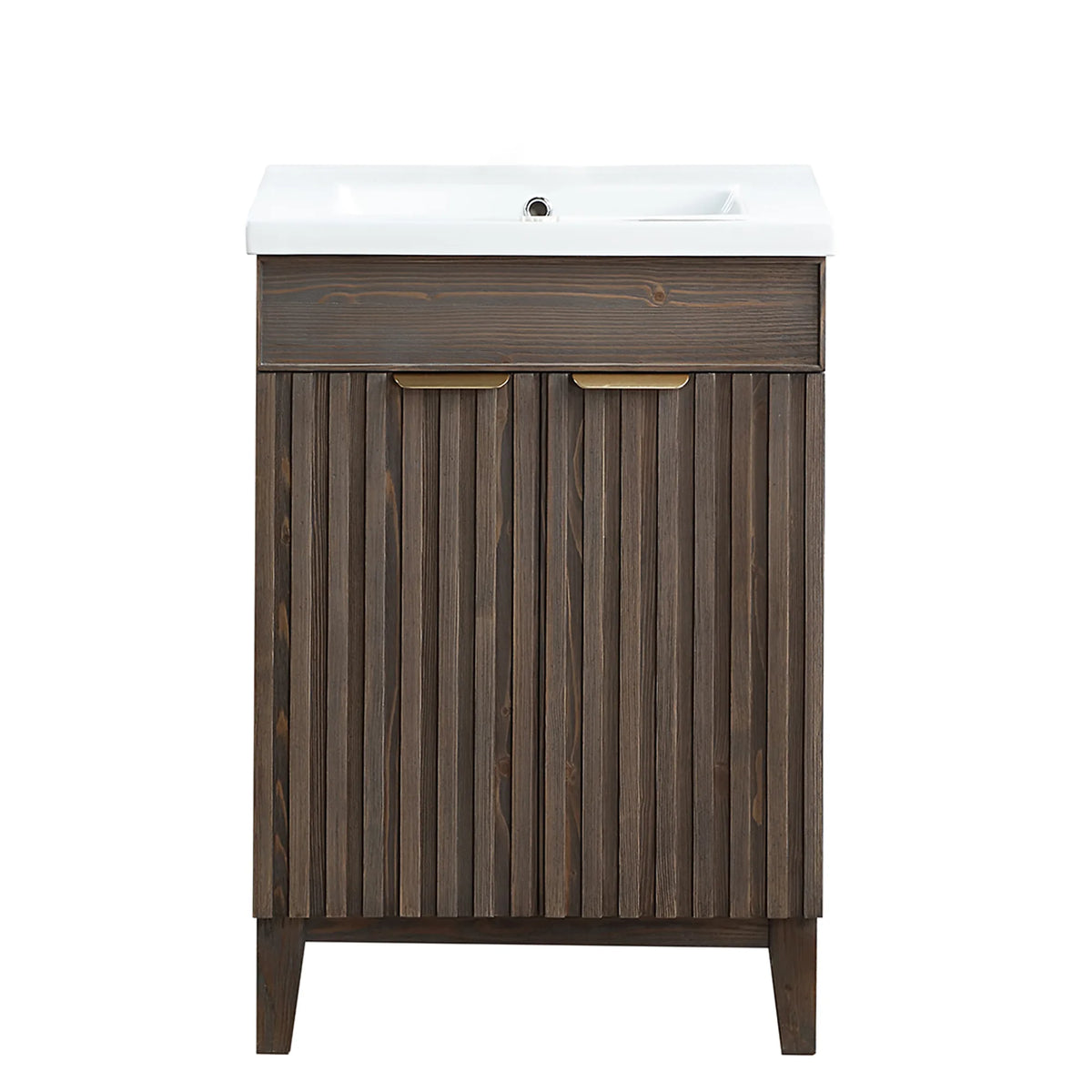 Spruce Aged Brown single bathroom vanity, 24-inch, with white ceramic basin top, photographed head-on, no mirror