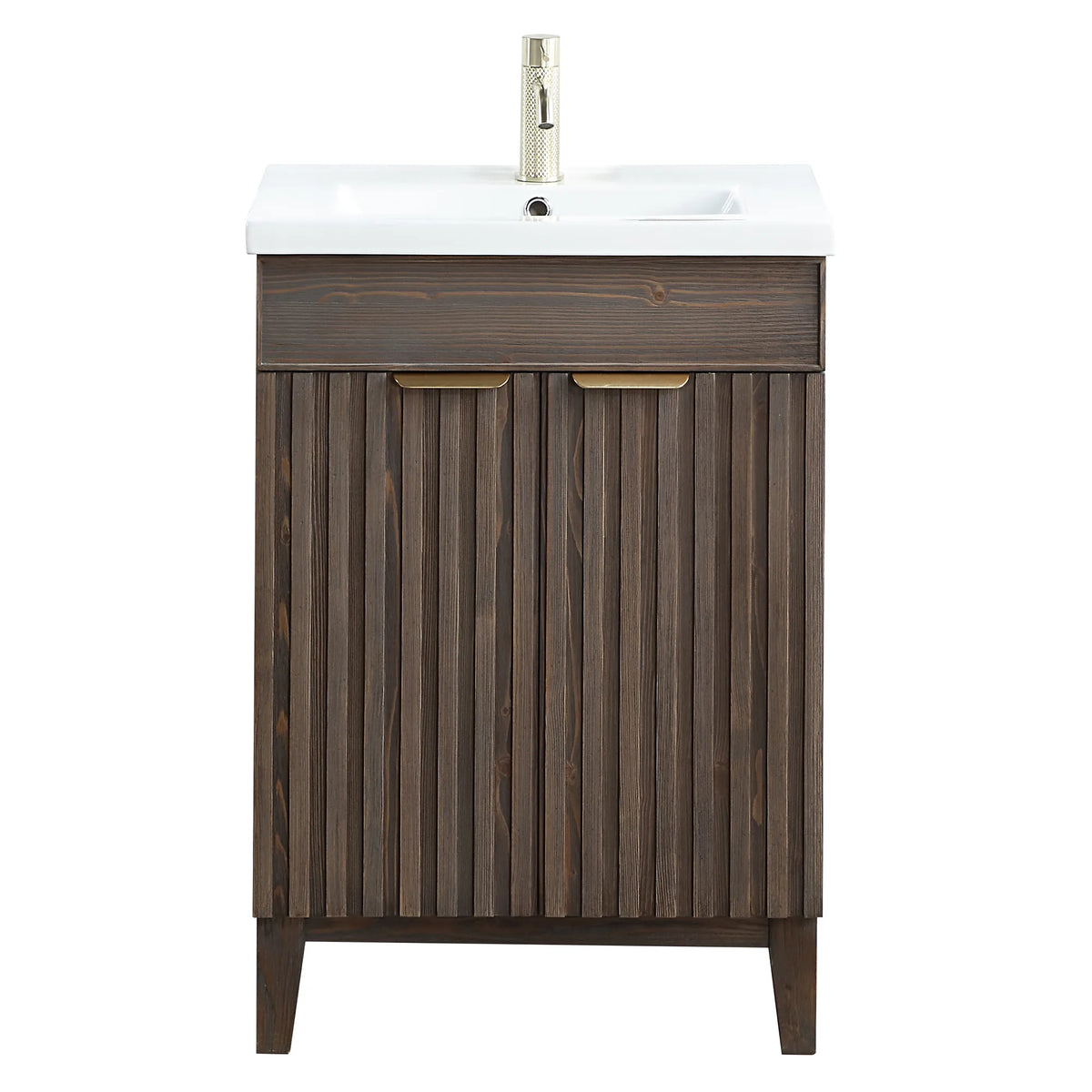 24-inch Spruce Aged Brown vanity with a faucet fitted for the photo; the faucet is not included