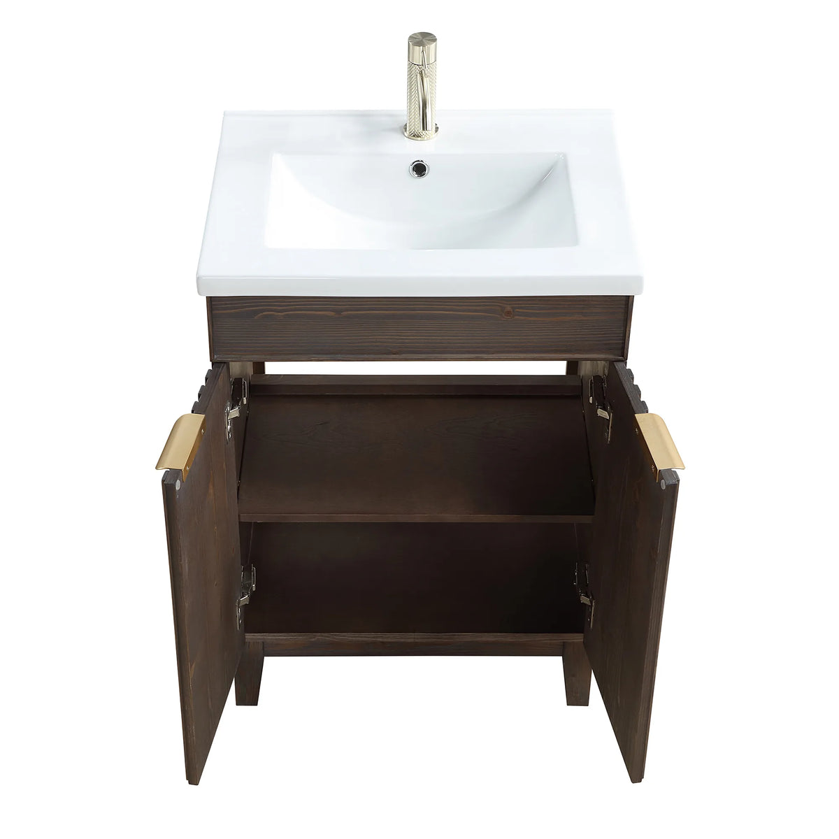 Doors swung open on the 24-inch vanity to show the interior shelf