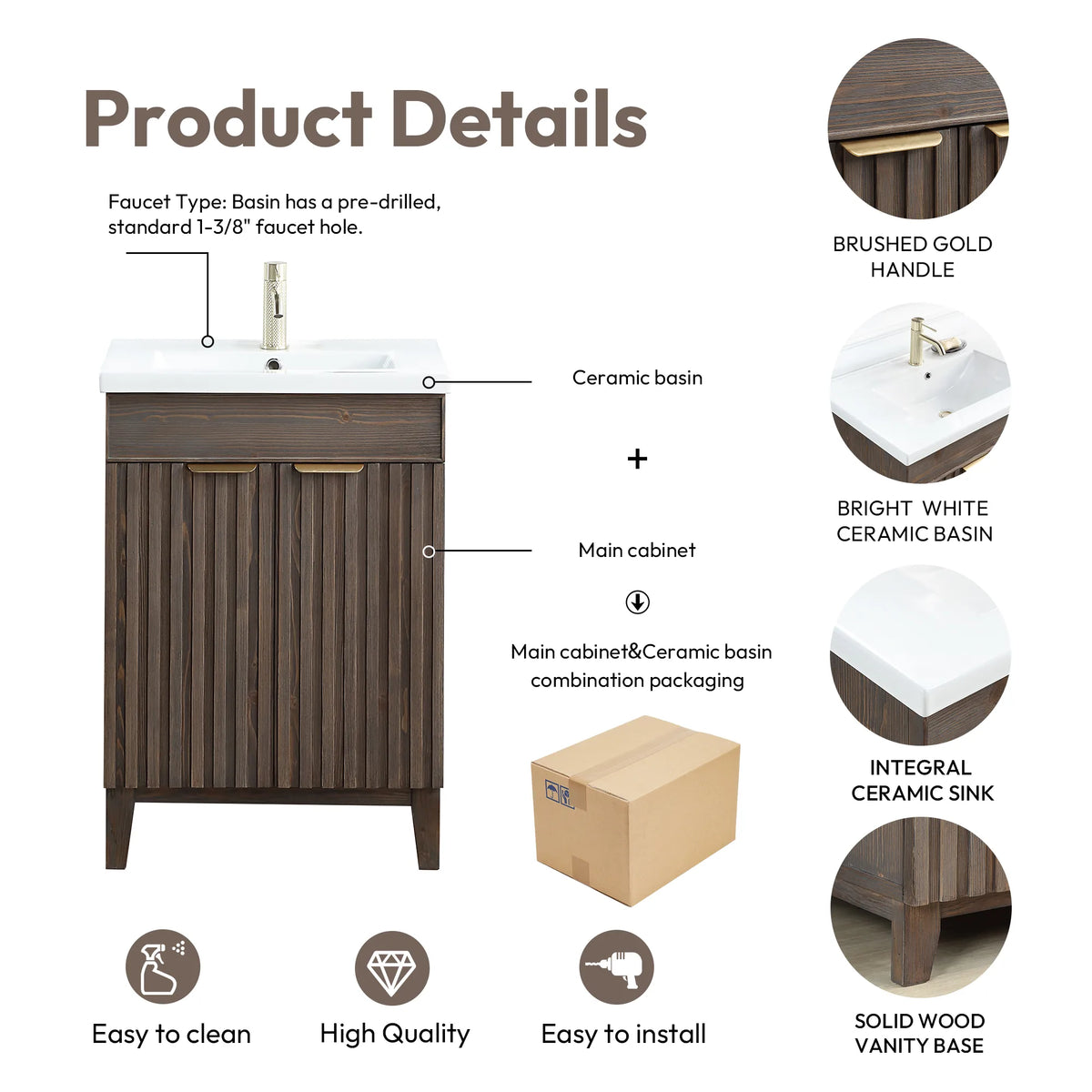 Product details graphic naming the handle and basin, with notes on packaging and the solid wood base