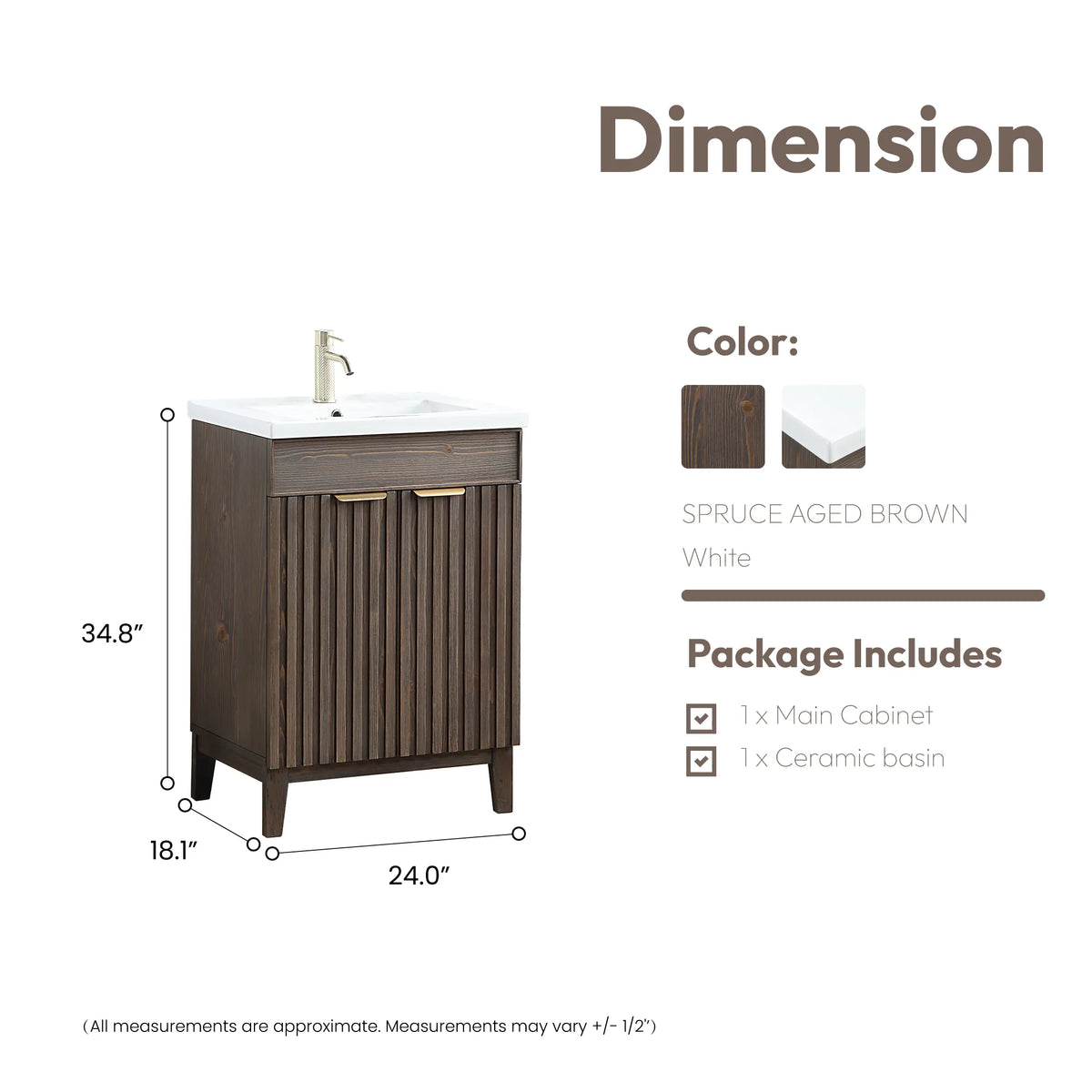 Size diagram for the 24-inch single vanity, 24 x 18.1 x 34.8 inches with top
