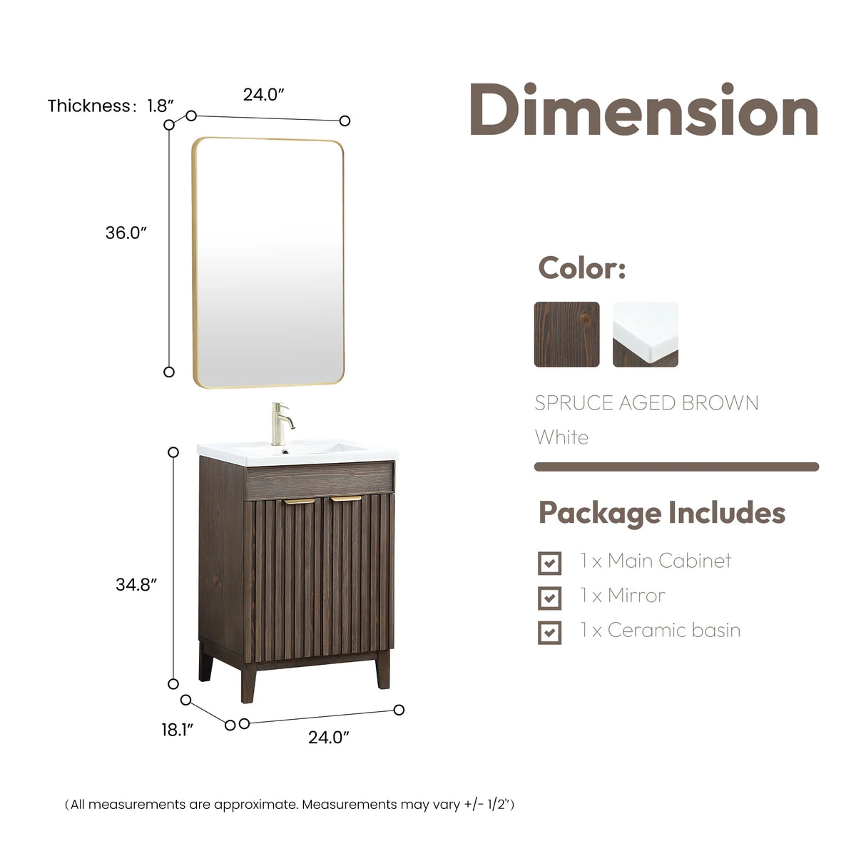 Size diagram of the 24-inch single vanity and its rectangular wall mirror