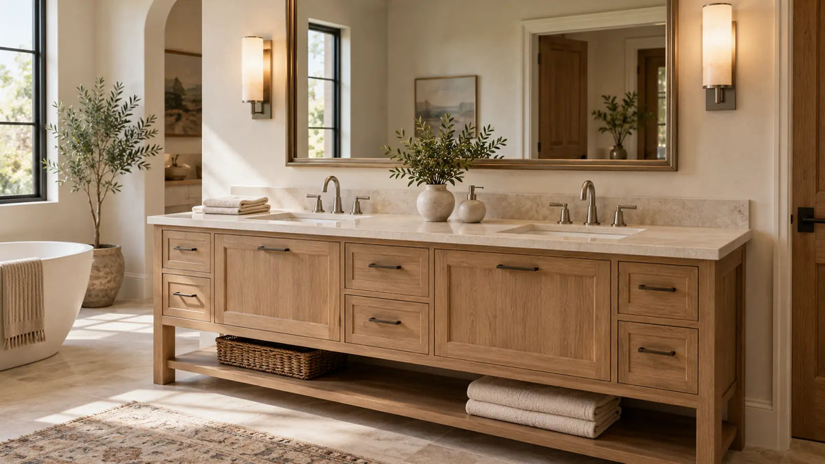 Wide double vanity with white oak cabinetry, pale stone countertop, framed mirrors, and warm wall sconces in a luxurious American primary bathroom.