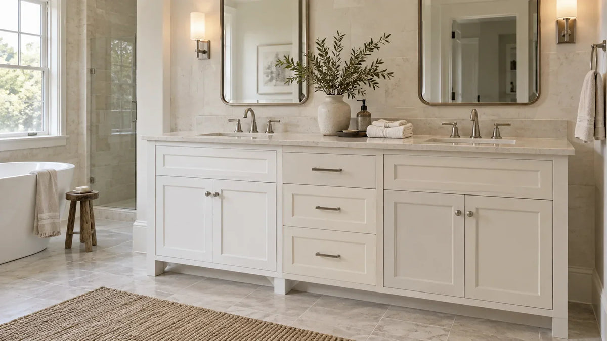 White bathroom vanity showing subtle bright white, warm white, and off-white undertones beside pale stone, porcelain, and mixed natural and sconce light.