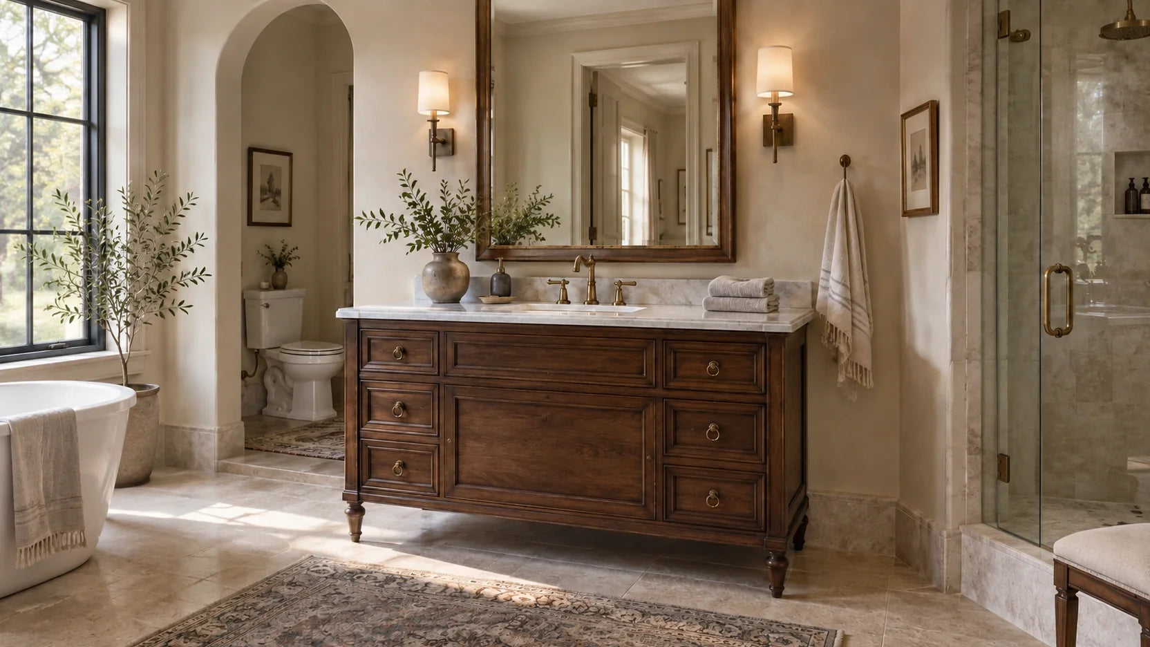 Brand-new antique-inspired walnut bathroom vanity with Carrara marble, brass fittings and warm natural light.