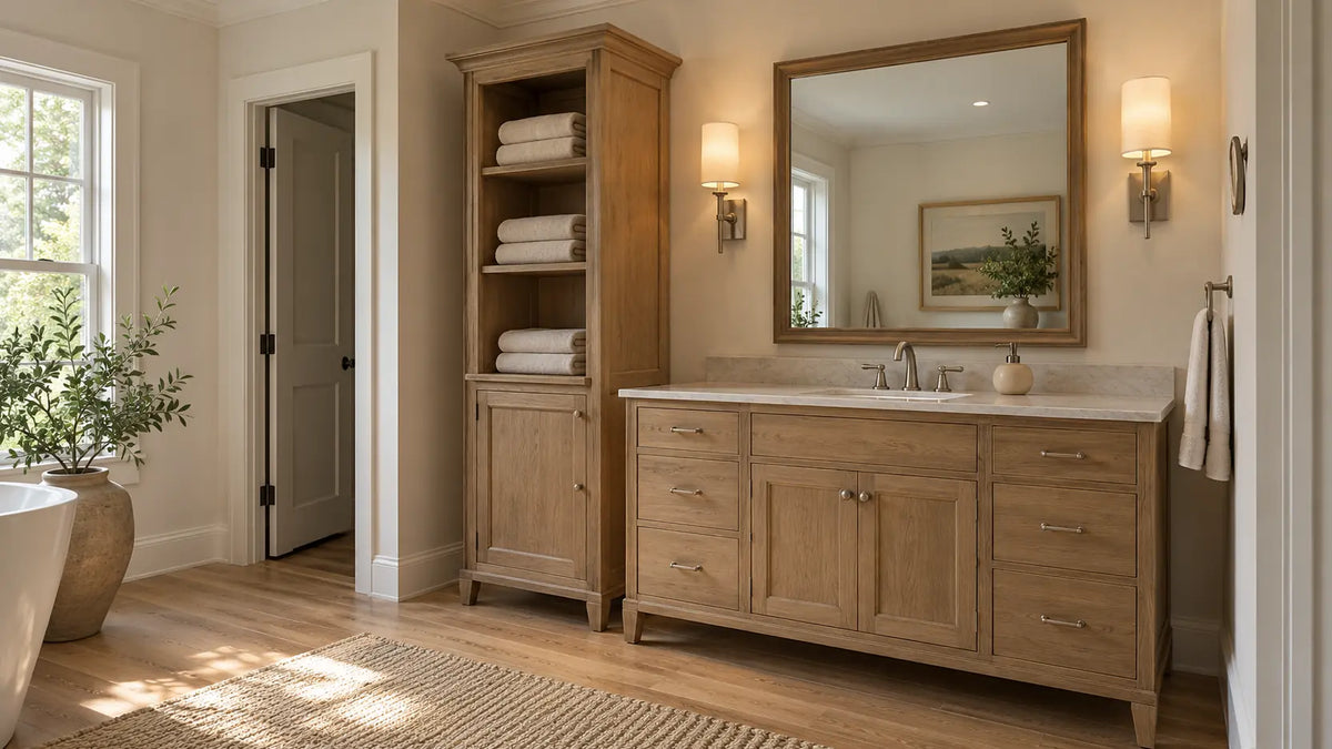 American primary bathroom with a freestanding tall linen cabinet positioned beside a bathroom vanity