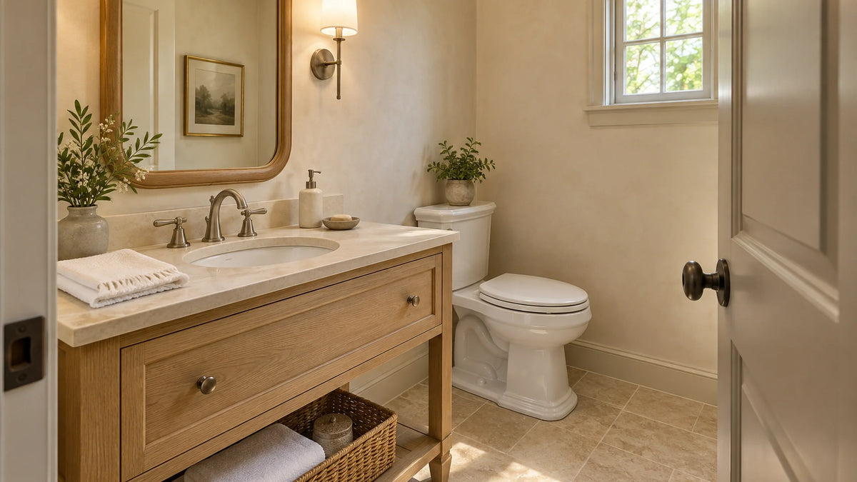 Warm powder room with an oak vanity, pale countertop, white toilet and an entry door beside the open floor area.