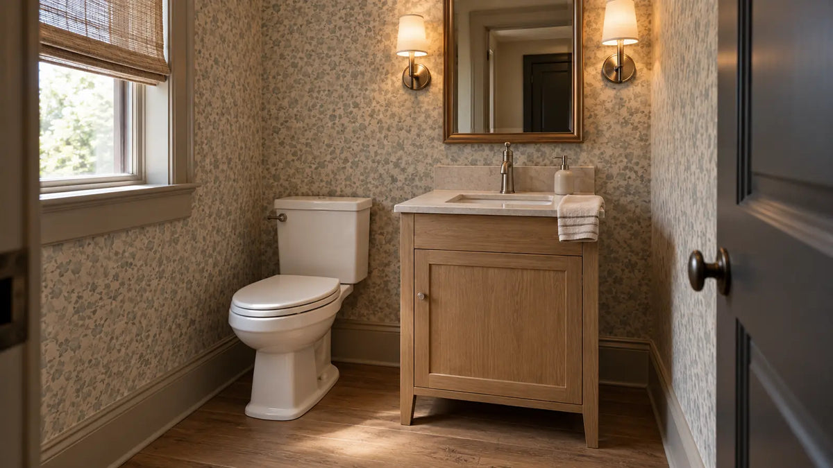American powder room designed around a compact freestanding bathroom vanity, approximately 24 inches wide