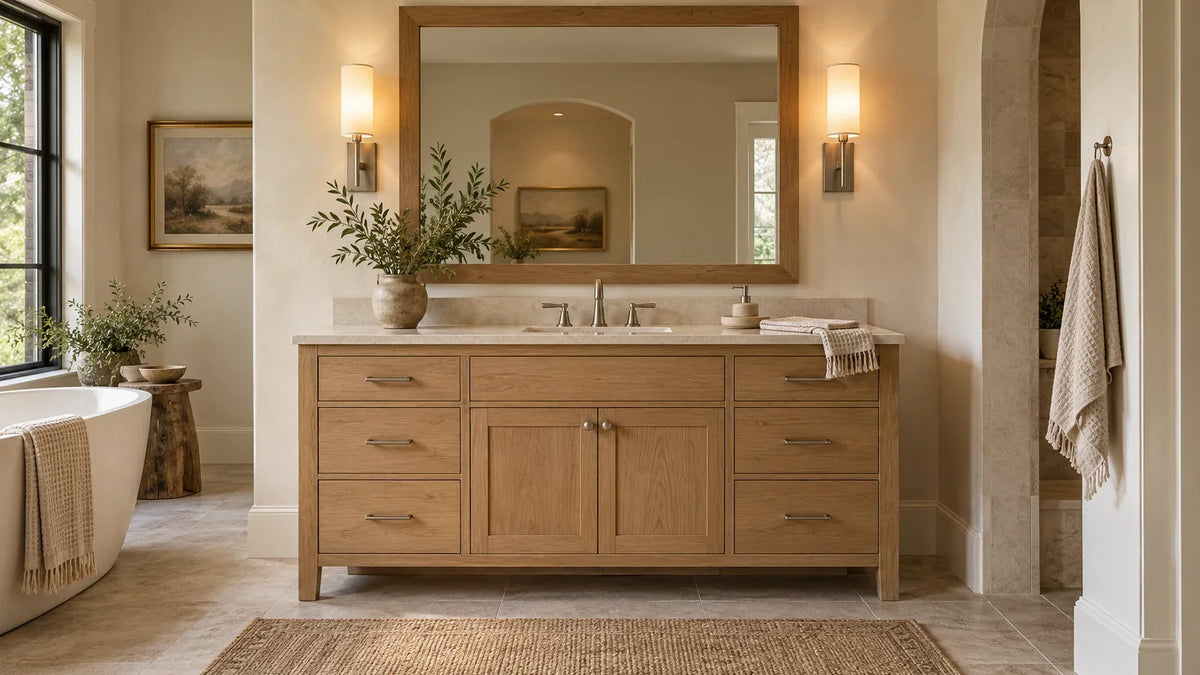 American bathroom with a 60 inch white oak vanity, large framed mirror, and balanced brushed nickel sconces.