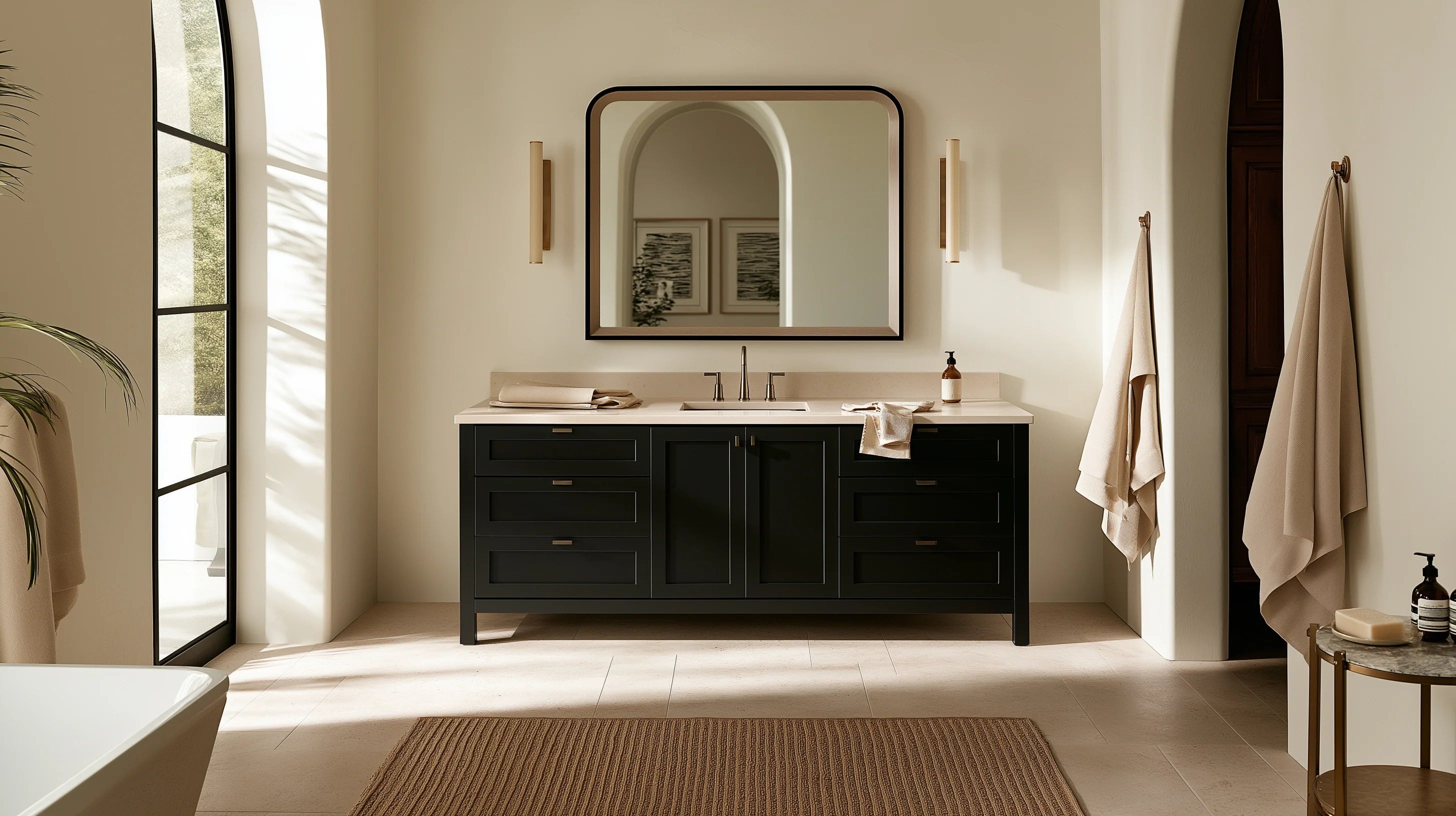 Matte black vanity with a light quartz top in a softly lit primary bathroom designed for easy everyday upkeep