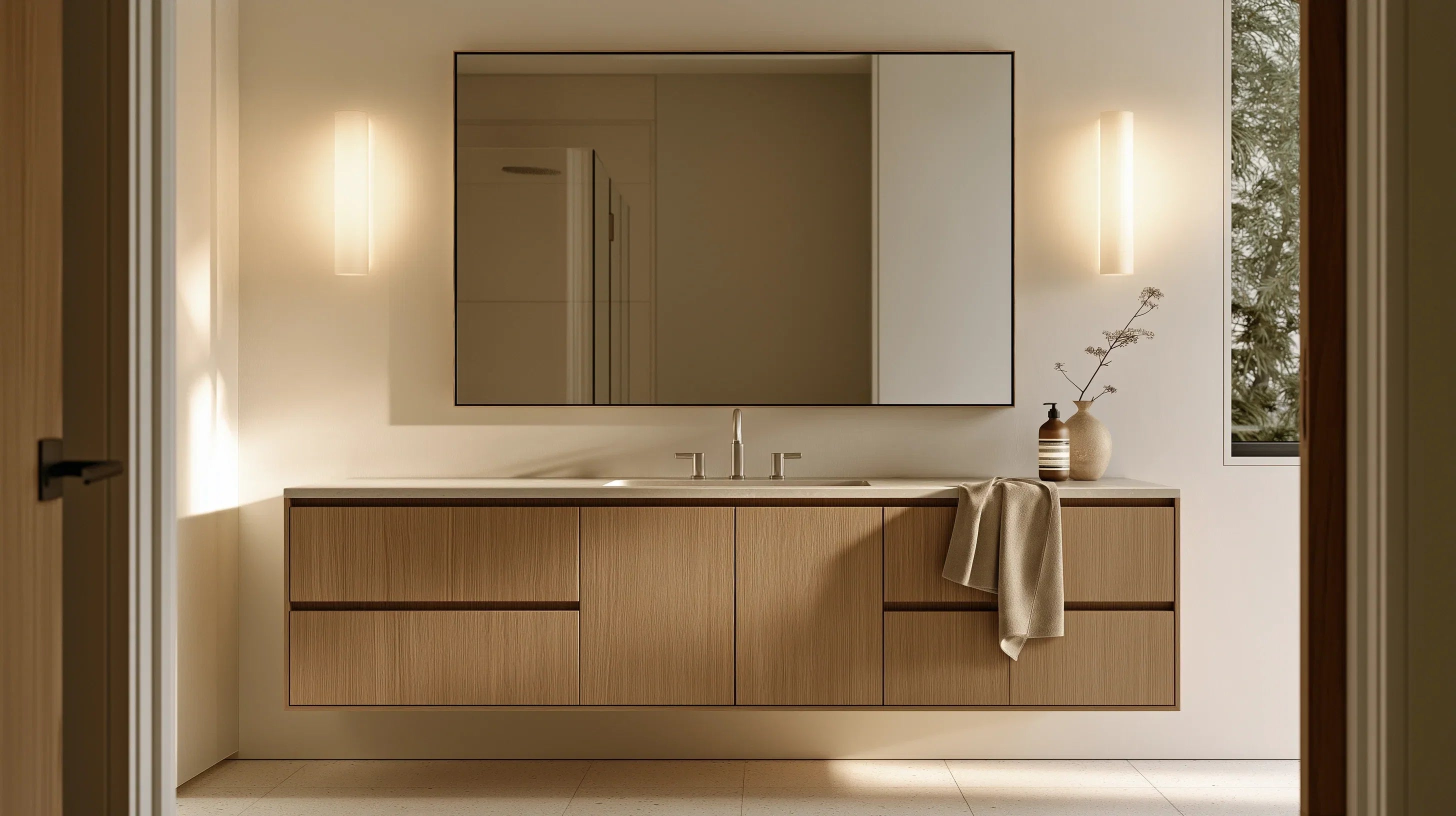 Primary bathroom with a floating white oak vanity, pale stone flooring, brushed nickel fixtures and soft natural light
