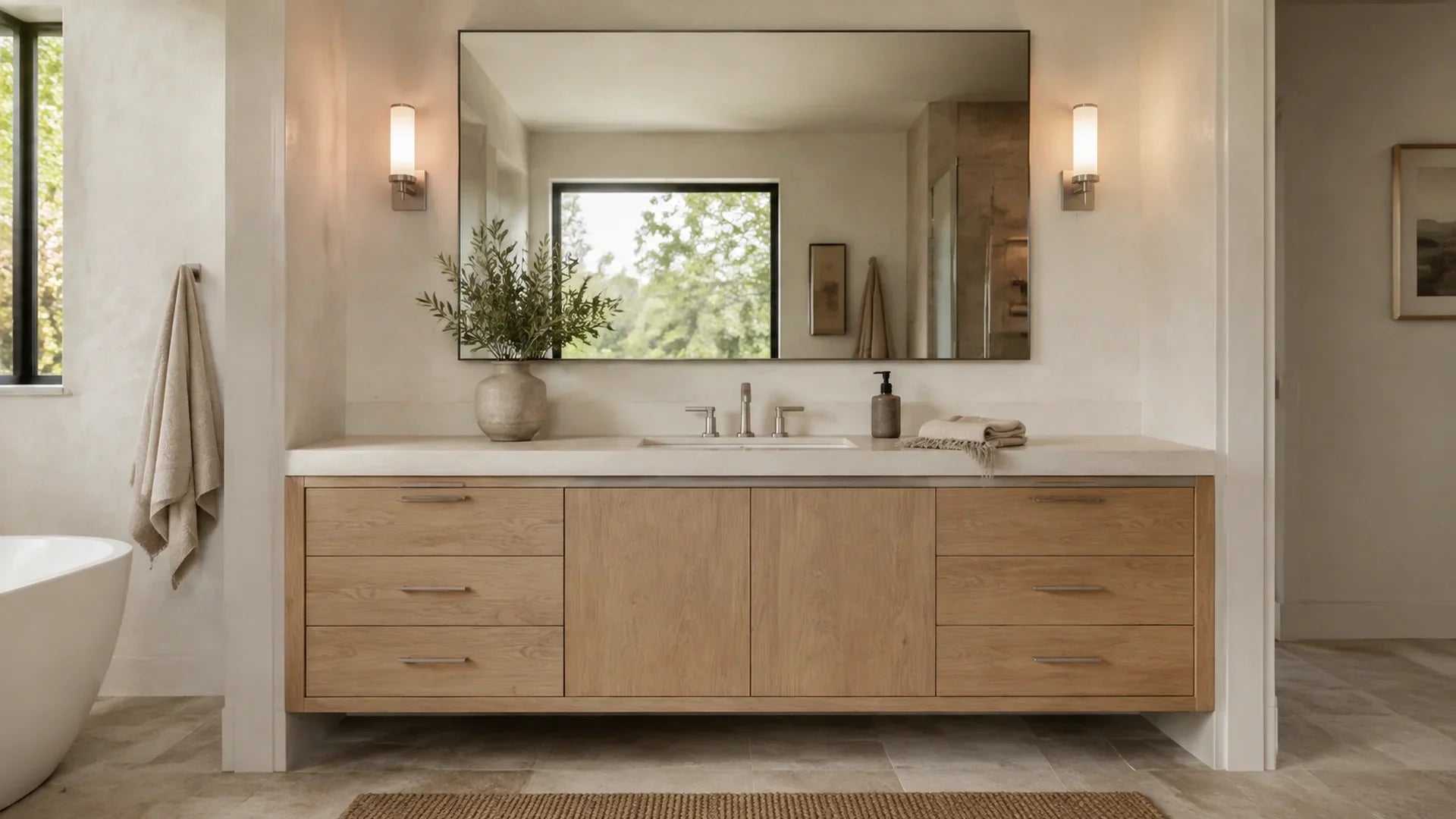 Modern bathroom with white oak vanity, honed stone top, brushed nickel fixtures, and softly styled everyday details